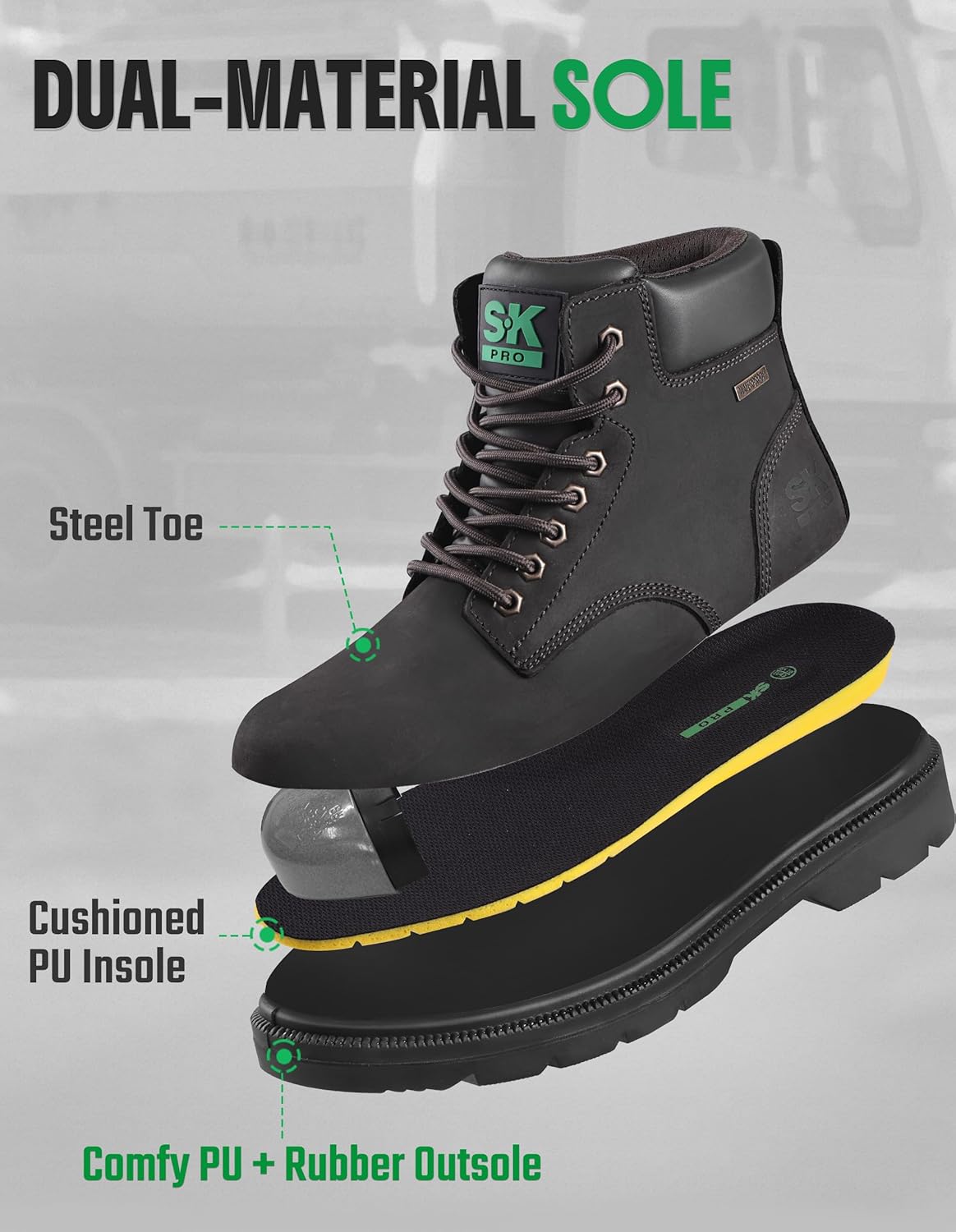 SKPRO Steel Toe Work Boots for Men, Waterproof Non Slip Safety Shoes for Construction, Comfortable Leather Work Boots - Image 5
