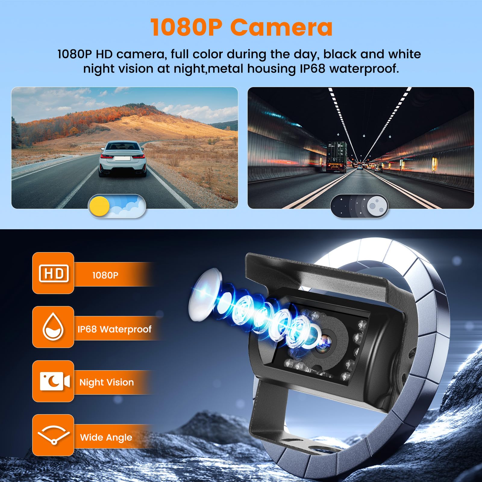 Hikity Visión Nocturna Cámara Marcha Atrás Inalámbrica Monitor de 7 "con Cámara de Visión Trasera Impermeable IP68 Cámara de Marcha, para RV Camión, Autobús, Camiones, Furgonetas
