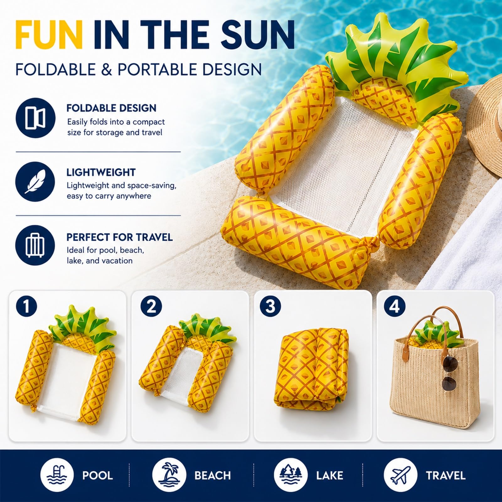 Galleggiante Gonfiabile Sdraio per Piscina, Sedia Galleggiante a Rete con Stampa Frutta, Zattera Pieghevole per Piscina, Spiaggia, Lago e Feste Estive