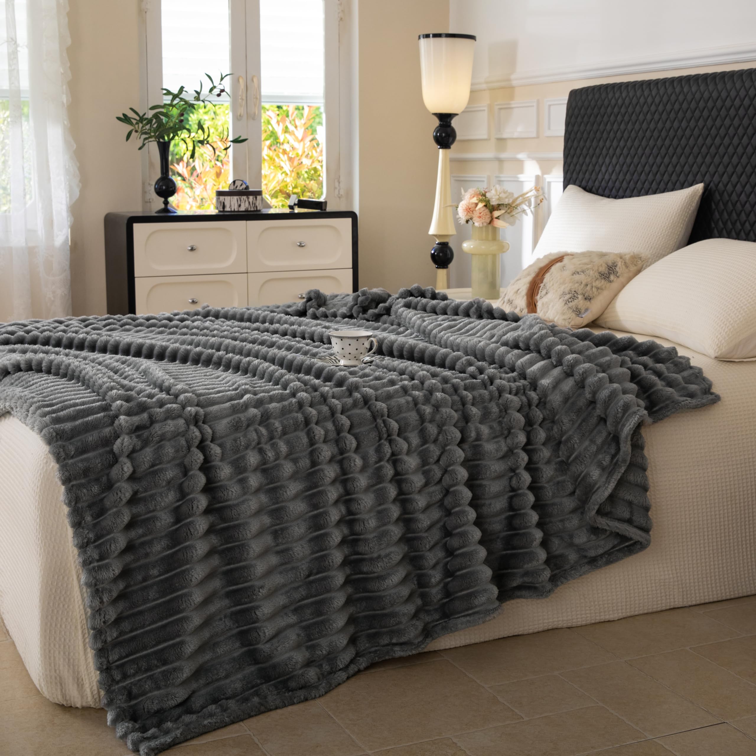 Coperta calda e soffice, coperta per divano, motivo a righe, motivo mamma, donne e fidanzate (grigio scuro, 150 x 200 cm)
