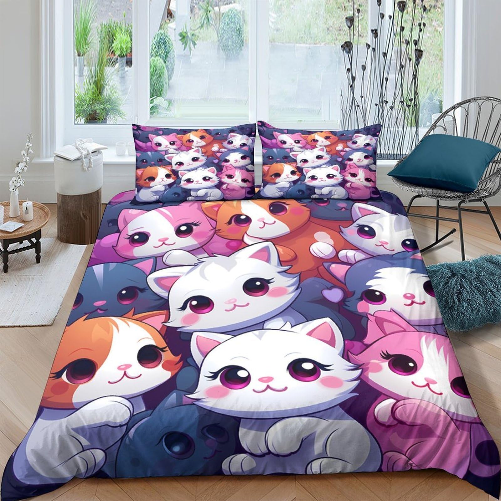 GPLZQXKJNH 3D Printed Cute Cat Duvet Cover Set Microfiber Soft Breathable Cartoon Kitten Bedding Set with 2 Pillowcases for Bedroom Single（135x200cm）