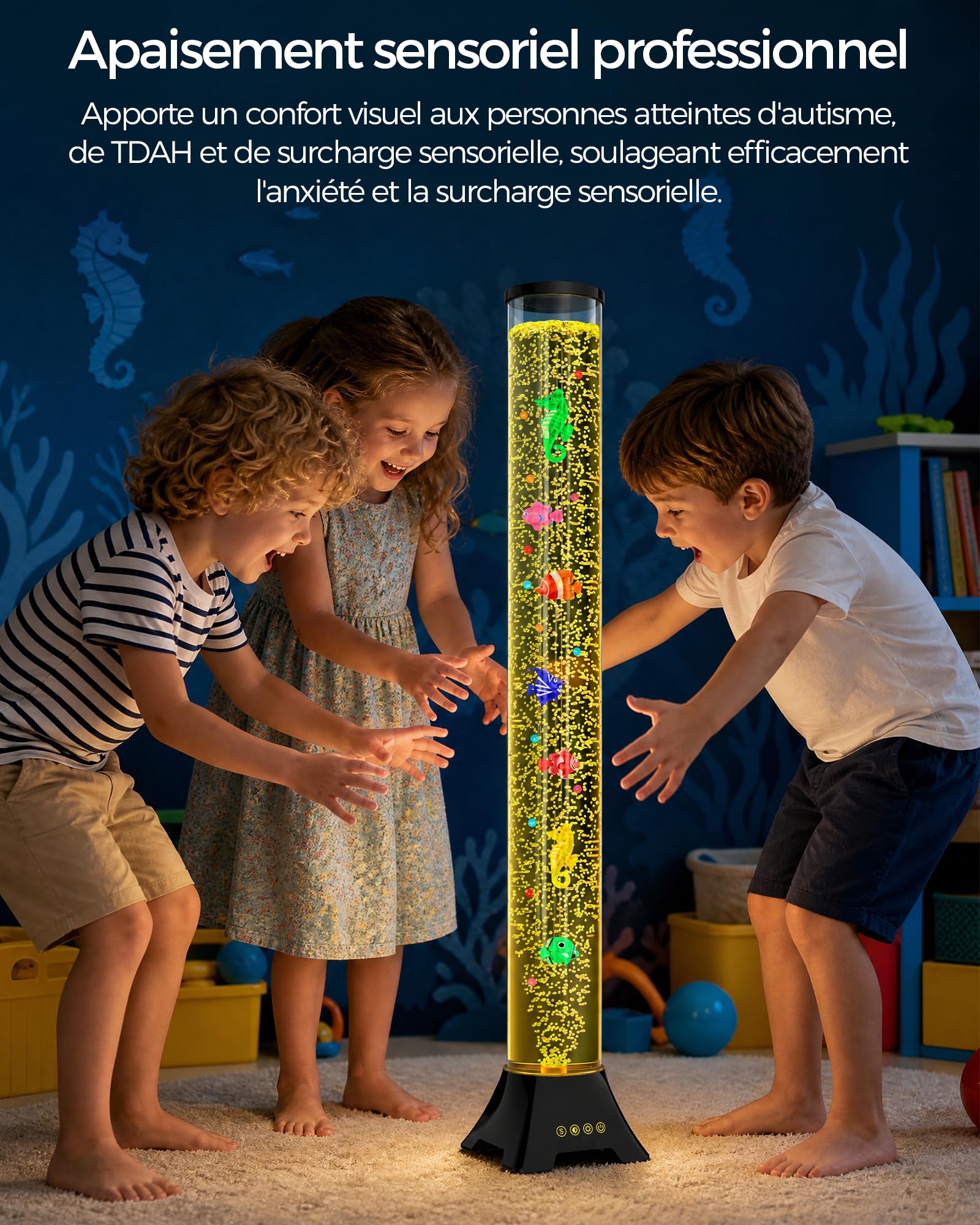 Radikor Colonne d'eau LED avec poissons, lampe Bubble Fish avec 2 pompes à air et 50 % de bruit en moins, 17 couleurs, télécommande de 10 m, lampe à bulles pour apaiser l'autisme/le TDAH, décoration