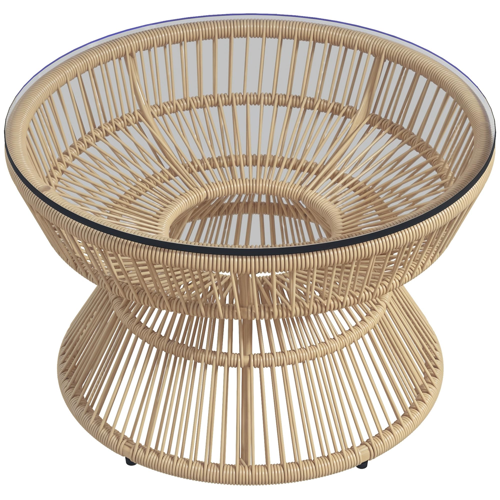 Outsunny Table Basse de Jardin Ronde, Table d'appoint en résine Aspect rotin et Plateau Verre trempé Ø60 x 37H cm Naturel