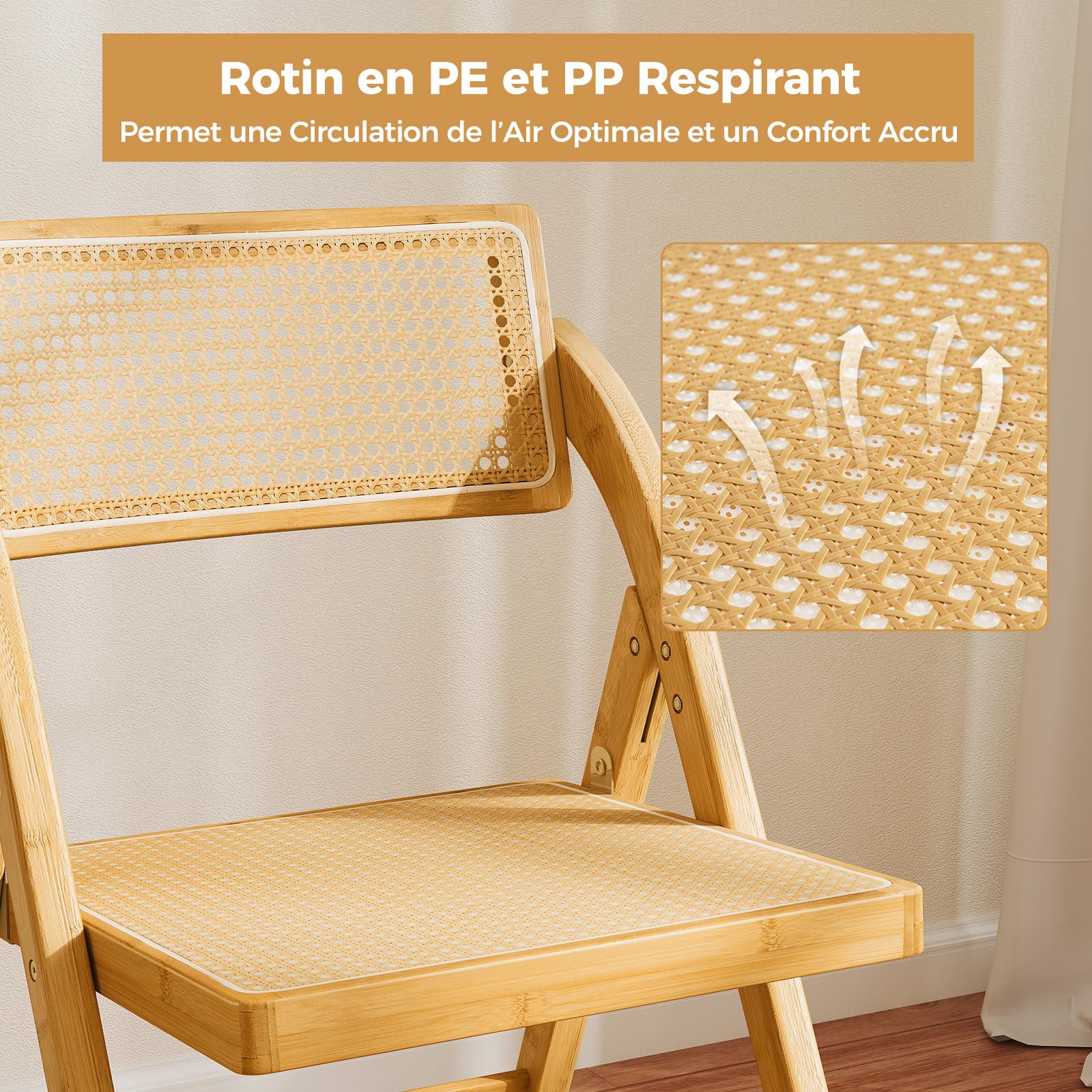 RELAX4LIFE Lot de 2 Chaise Pliante Bois, Chaises Rotin Salle à Manger avec Cadre en Bambou, Dossier Pivotant, Chaise Cannage Pliante, Style Bohème, Aucun Montage, Charge 150 kg, pour Cuisine Salon (1)
