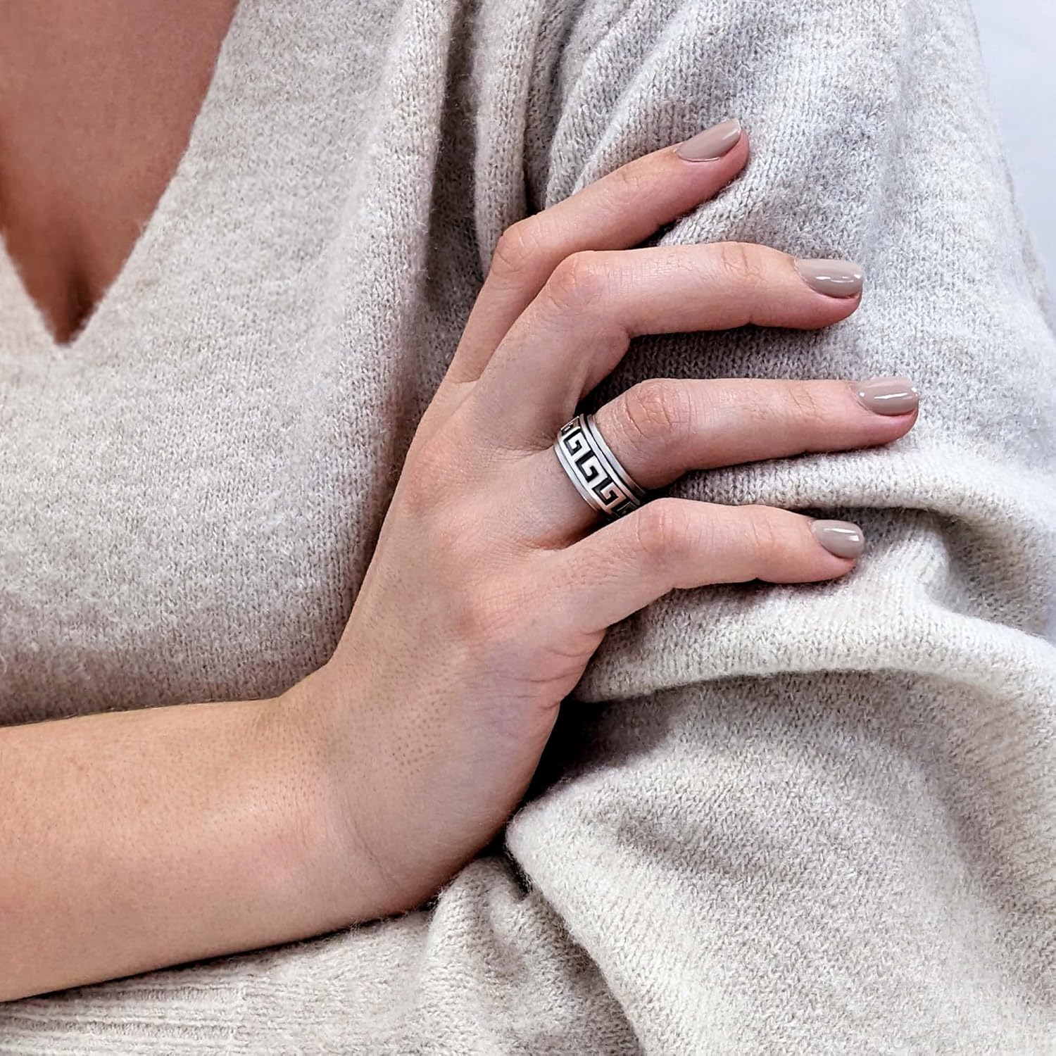 Silverly Fidget Rings for Anxiety Women - 9mm Greek Key Spinner Rings - Anxiety Ring - Oxidised 925 Sterling Silver Rings for Men - Engagement Rings - Wedding Gifts - Ancient Greece Style Jewelry