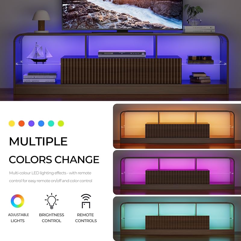TV Stand for 60/65/70 Inch TVs, Modern Curved TV Console with LED Lights, 2 Drawers & Glass Shelves, Living Room Entertainment Center image 3