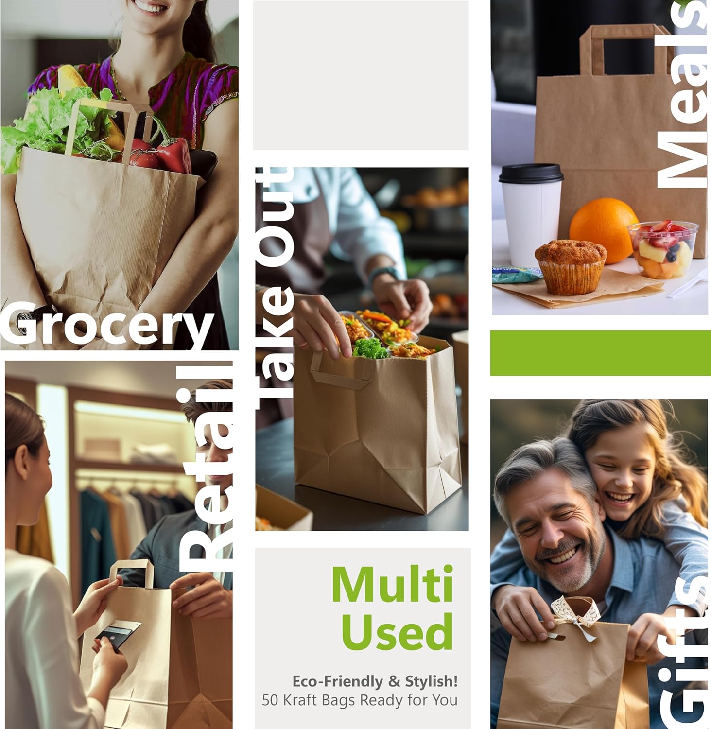 Model MIAMI – Pack of 100 Brown Kraft Takeout Paper Bags with Flat Handles – 13.375 x 7.875 x 15.75 Inches – Heavy-Duty & Perfect for Restaurants, Food Delivery, Retail & Catering
