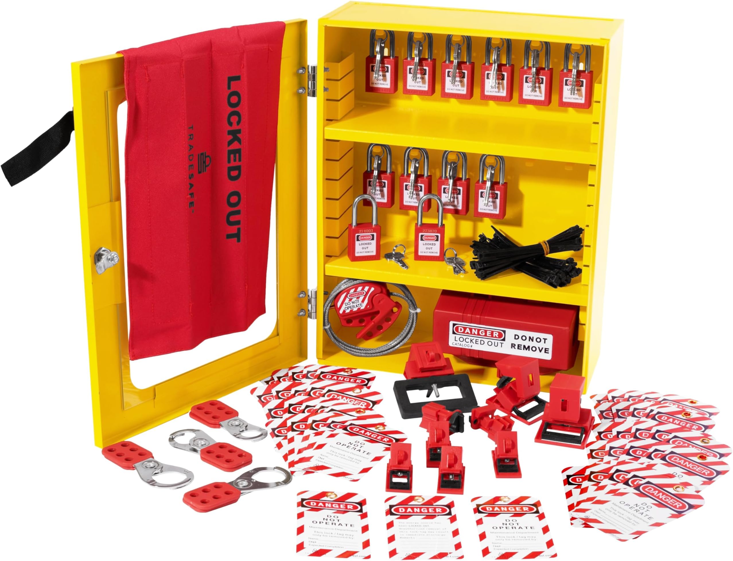 TRADESAFE Lockout Tagout Cabinet - 75 Pieces Loto Devices, Loto Locks, Lockout Hasp, Lock Out Tags, Circuit Breaker Lock, Cable Lock, Plug Lock, Lockout Tagout Station with Movable Shelf Partitions