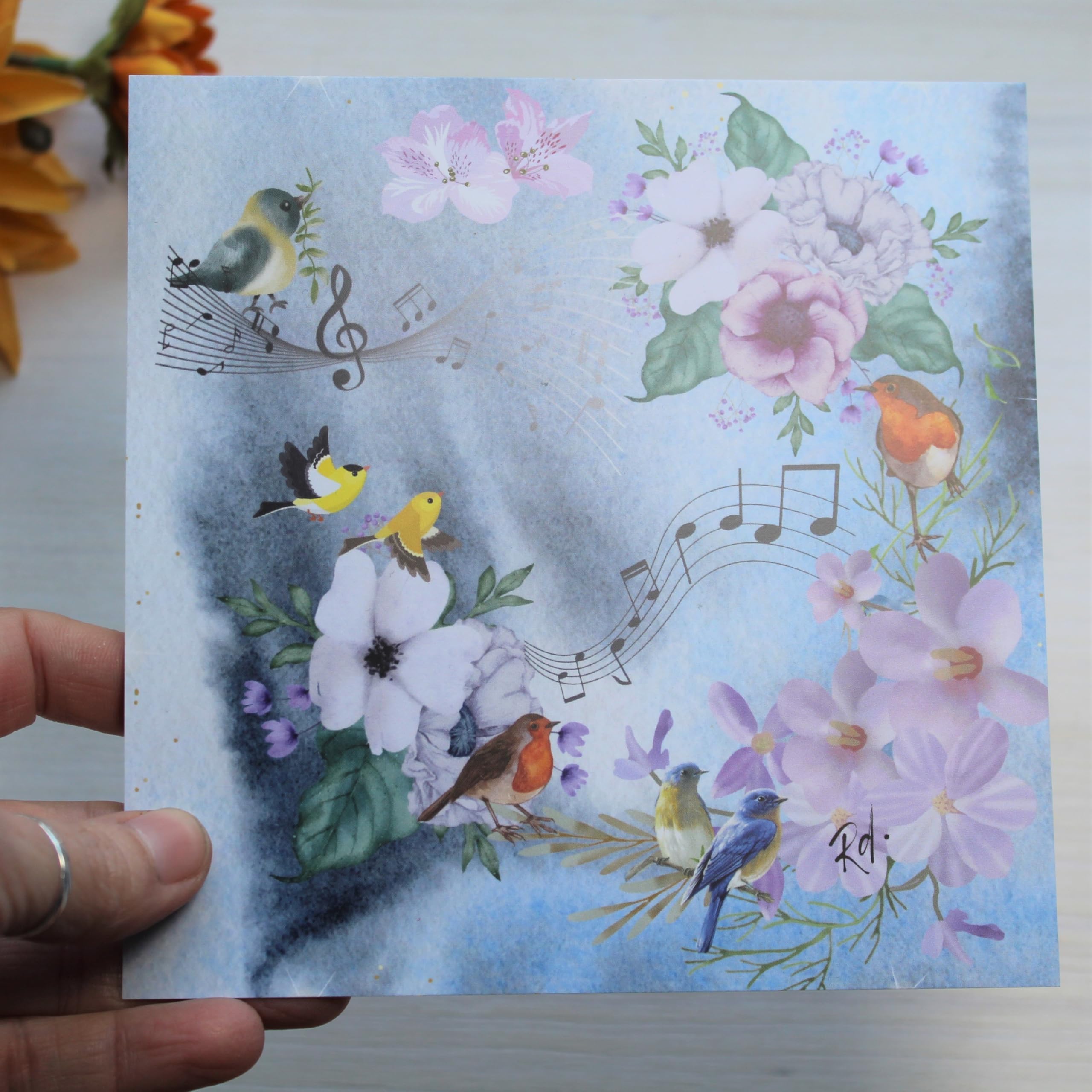 Let&Ro Birdsong Postcard with Envelope, 14.8 x 14.8 cm | Greeting Card | Spring | Birds | Flowers | Nature | Nostalgia | Romance | Music | Music Notes