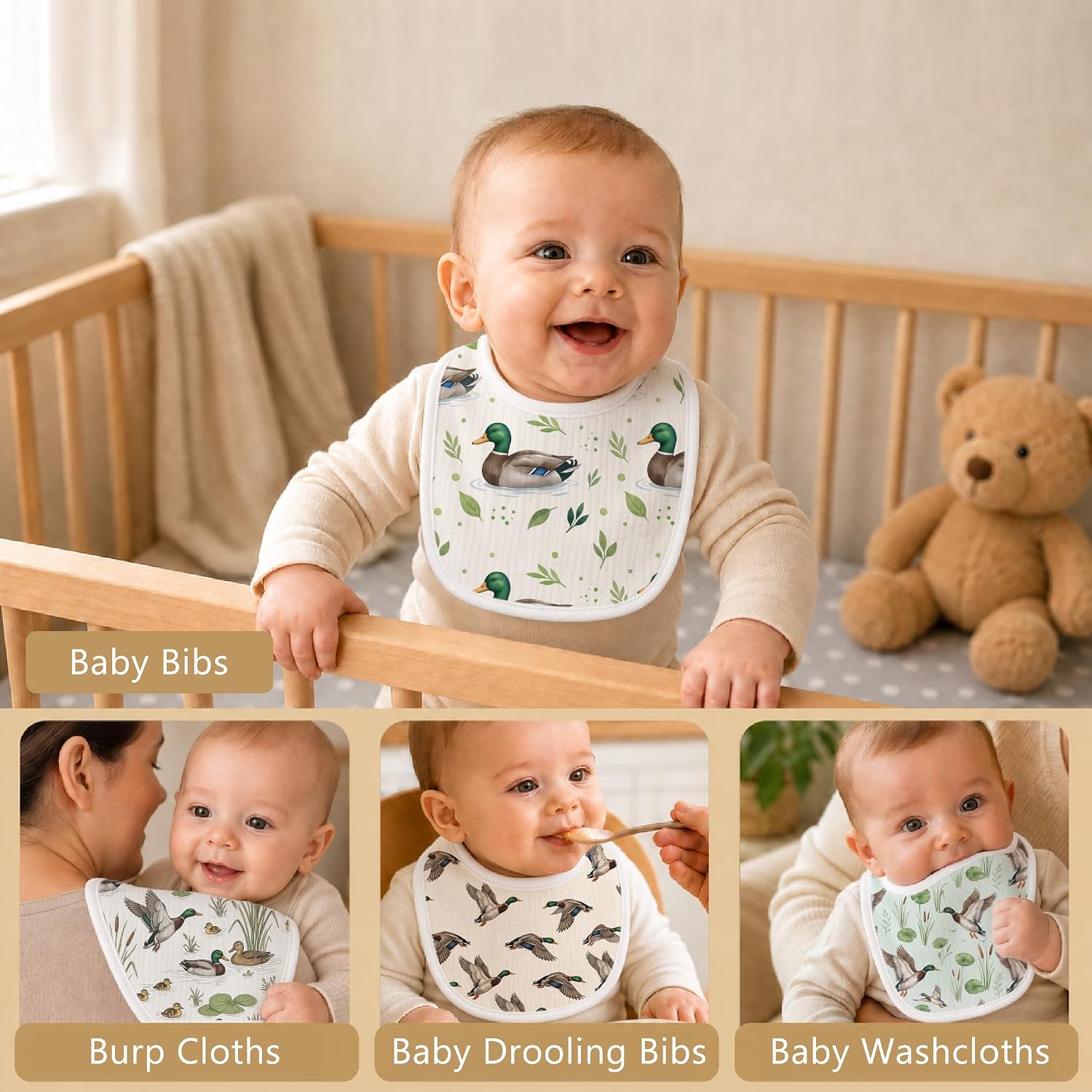 Baby Bibs for Baby Boys Girls 6-Pack Mallard Duck Drool Bibs Soft Absorbent Cotton Infant Feeding Bandana Bibs Teething Drooling Nursery Gifts for Newborn Toddlers Feeding Baby Stuff