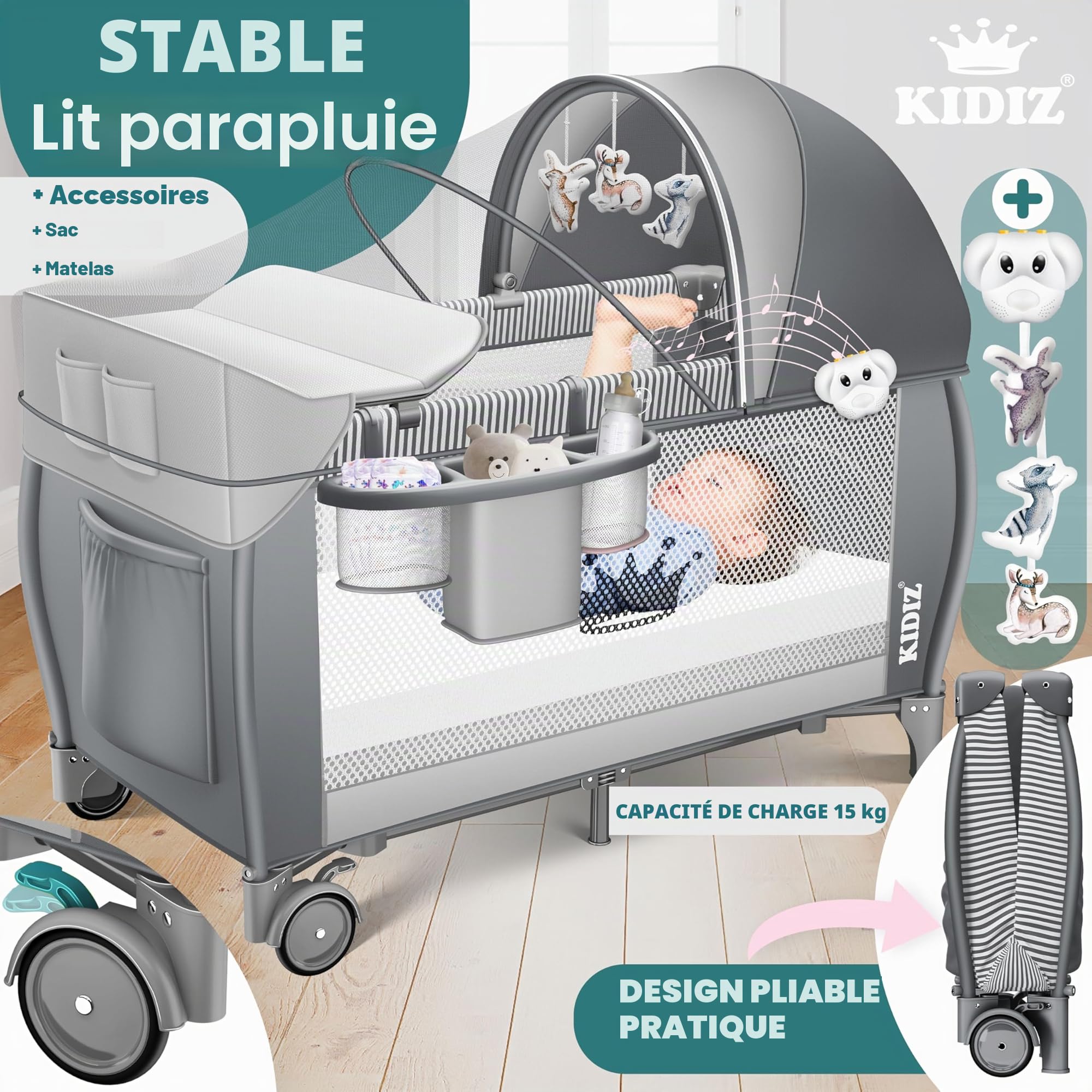 KIDIZ® Lit de Voyage 3 en 1 Parc Pliable avec Matelas à Langer, Moustiquaire, Gris de la Naissance à 15 kg