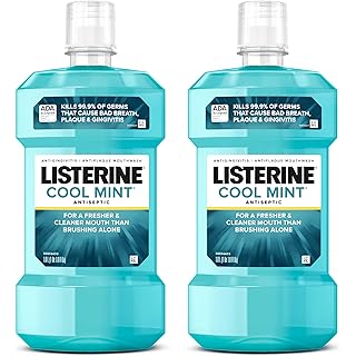 Listerine Cool Mint Antiseptic Mouthwash, Kills 99.9% of Germs That Cause Bad Breath, Plaque & Gingivitis, ADA Accepted, Clinically Proven, Cool Mint Flavor, for Adults, 1L Bottles, 2 Pack