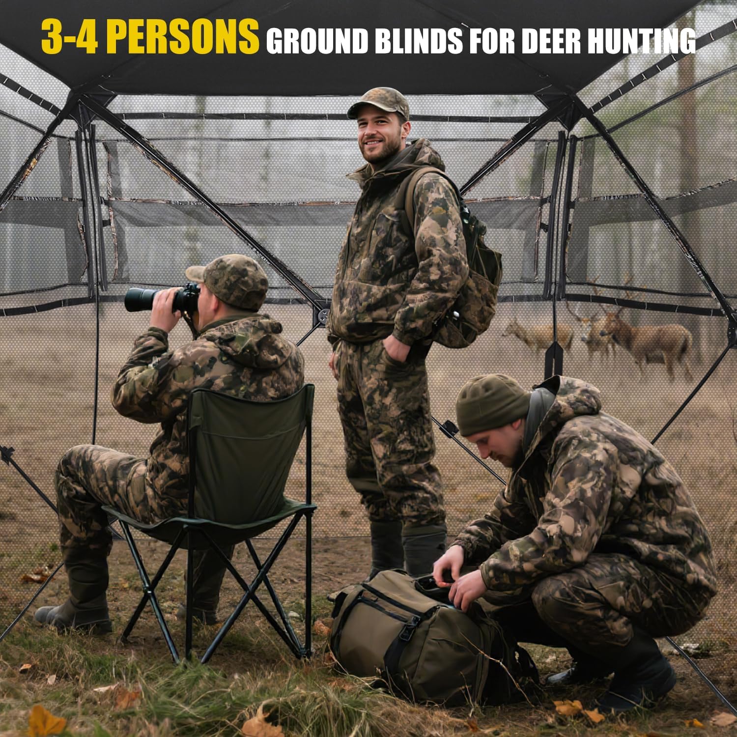 Hunting Blind with Magnetic Full Open Large Door & Silent Windows, 270°/360° See Through Pop Up Ground Blind for 2-3/3-4 Person, Tent for Deer Turkey Hunting, Waterproof, Portable, Carry Bag