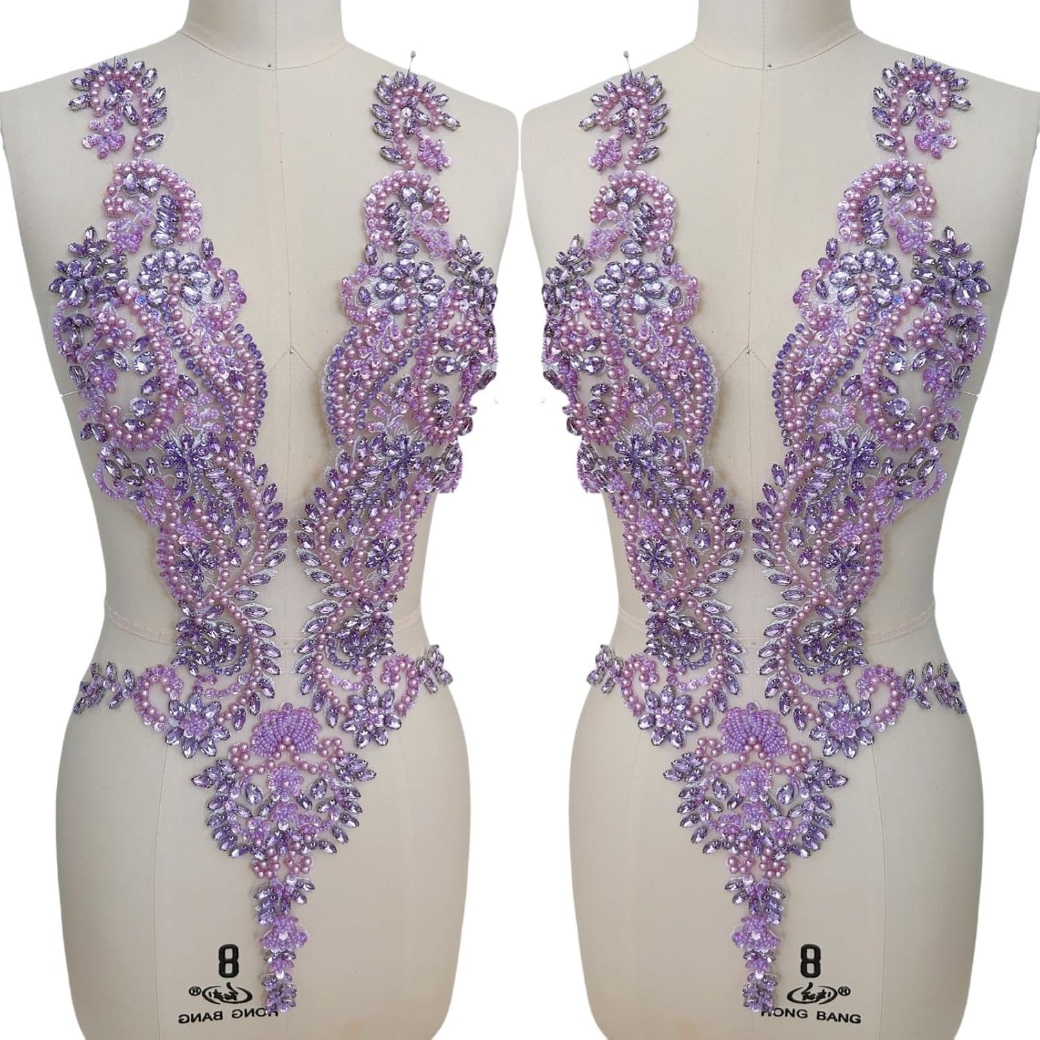 Lace Patch Embroidered Rhinestone Applique with Crystal Glass Beads (11.8" x 25.2") for Dresses, Wedding Gowns, Costumes, DIY Clothing Accessories (Light Purple)