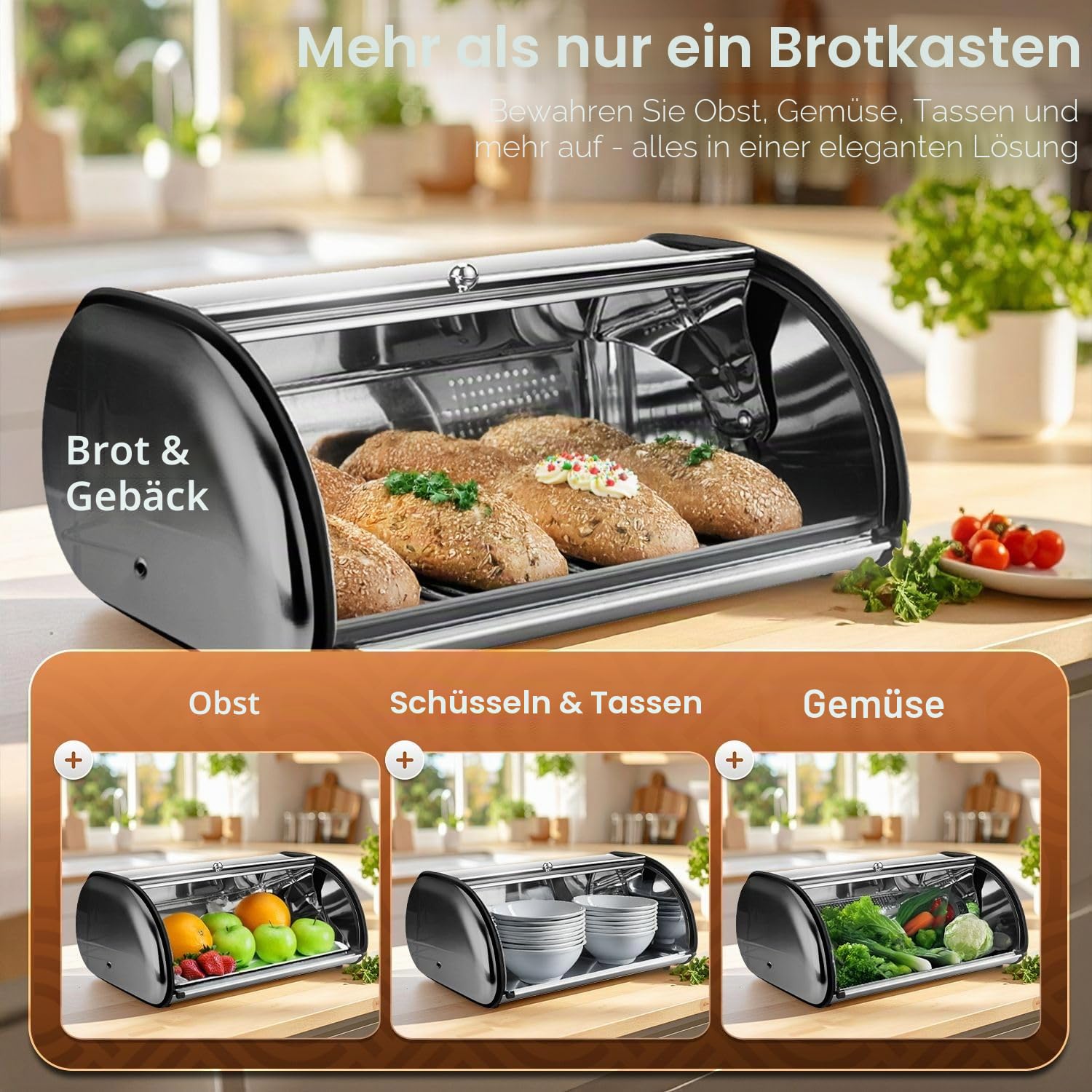 Flexzion Brotkastenhalter aus Edelstahl mit aufrollbarem Deckel, Aufbewahrungsbehälter für hausgemachte Kuchen, Brötchen, Toasts, Brote, Gebäck, Zuhause, Küche 17 Inch with Window edelstahl