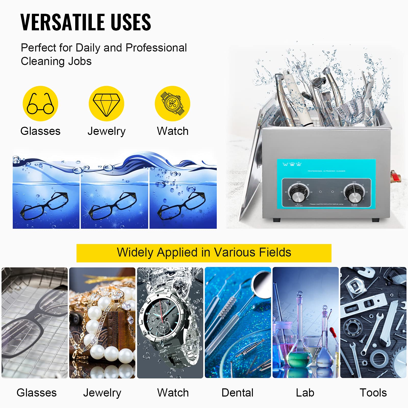 VEVOR Knob Control Ultrasonic - Pulitore ultrasonico ad ultrasuoni, 15 l, dispositivo di pulizia ad ultrasuoni con riscaldamento, pulitore a ultrasuoni ad ultrasuoni 220 V, pulitore digitale ad