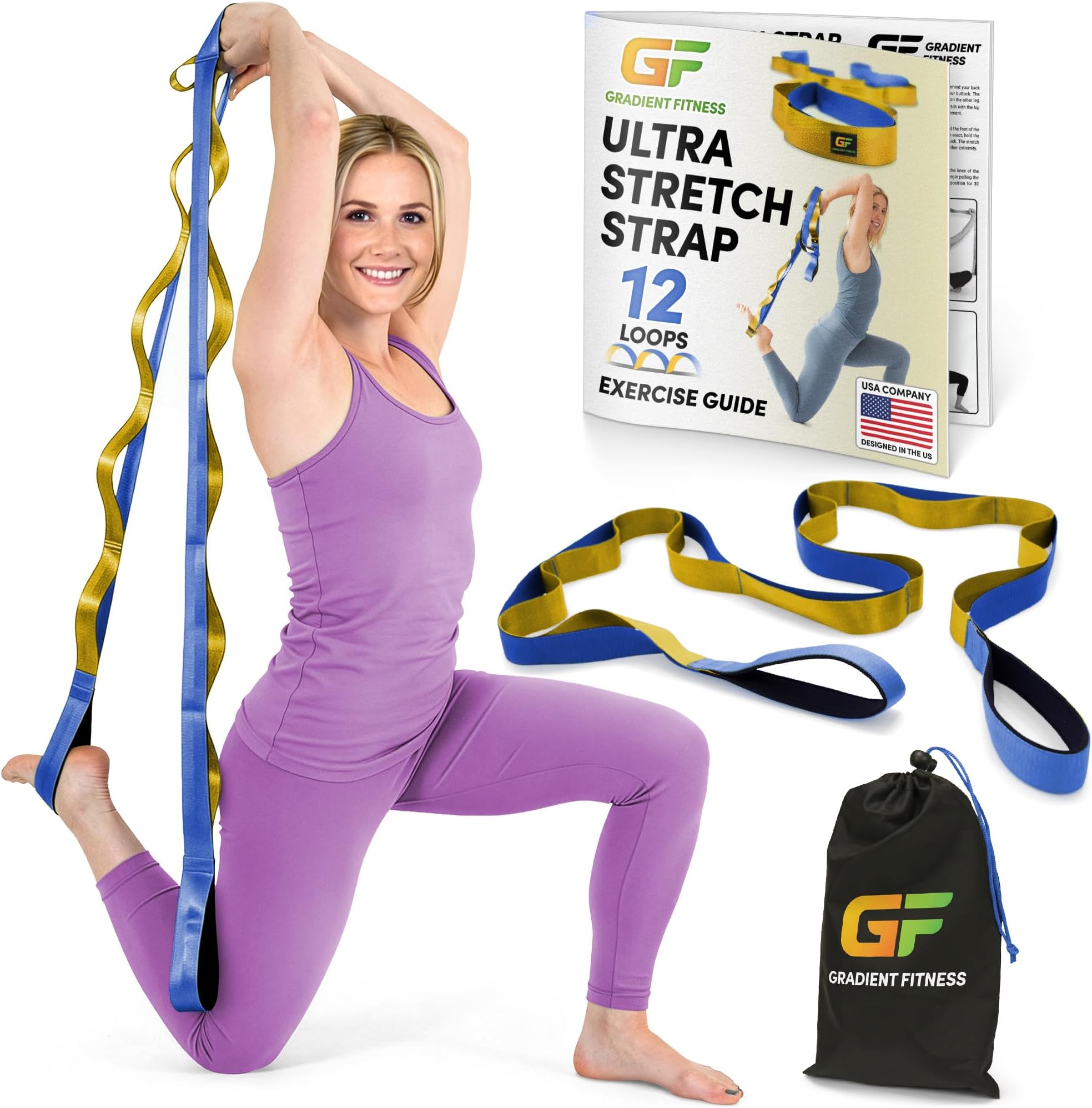 Gradient Fitness Stretching Strap for Physical Therapy, 12 Multi-Loop Stretch Strap 1.5" W x 8' L, Neoprene Handles, Physical Therapy Equipment, Yoga Straps for Stretching, Leg Stretcher.