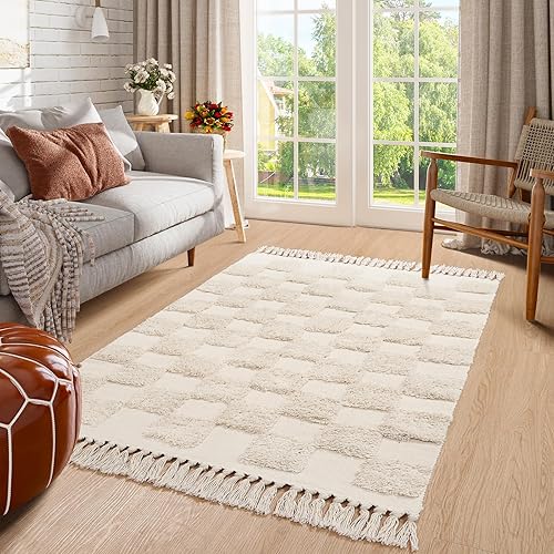 Lahome Checkered Rugs for Bedroom Aesthetic, 3x5 Boho Bathroom Entryway Rug Farmhouse Washable Checkerboard Rug with Tassels, Non-Shedding Throw Rug Tufted Woven Rug for Living Room Office, Beige