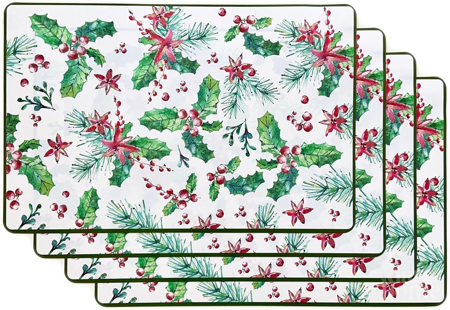 Set Of 4 Christmas Holly Placemats PVC Green Xmas Dining Table Mats