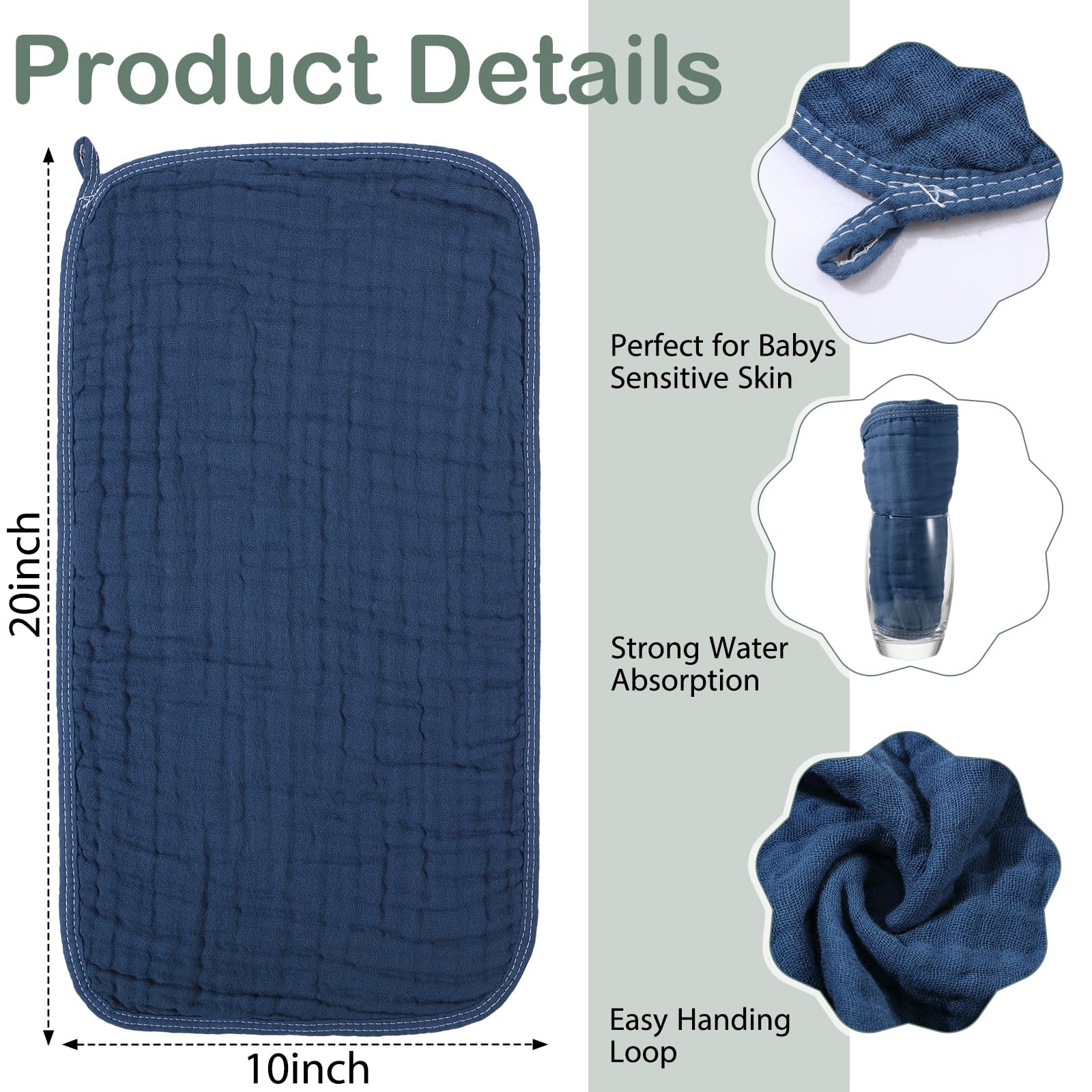 VitalCozy 6 asciugamani da bagno e asciugamani con cappuccio in mussola, 81 x 81 cm, asciugamani per bambini in mussola di cotone con cappuccio blu verde assorbente coperte con cappuccio neonato