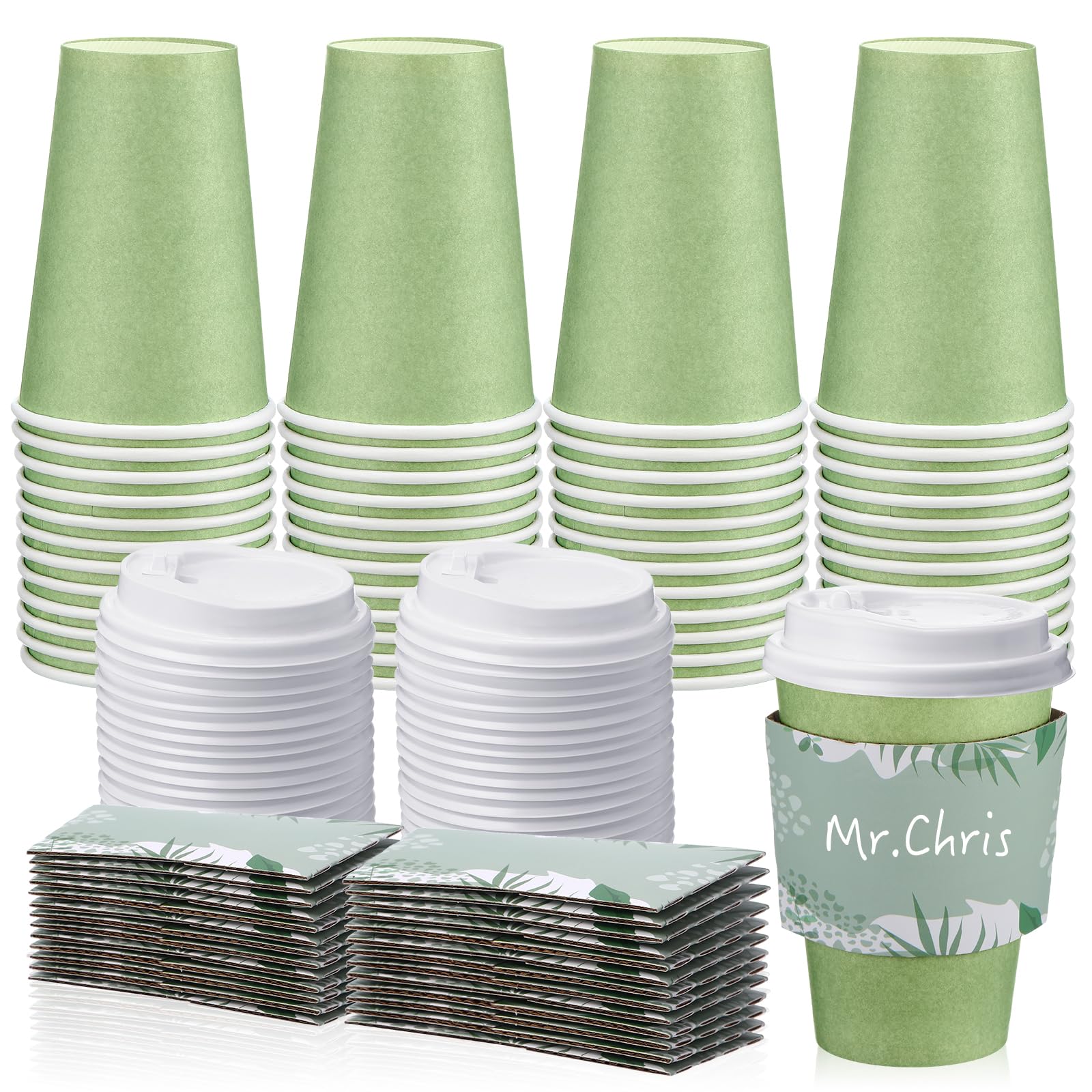 Zopeal 50 Pcs Disposable Coffee Cups With Lids and Sleeves - 12 oz Hot Travel Cups for Beverages, Wedding, Business, Party Supplies (Sage Green)