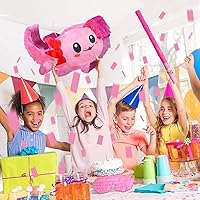 Vista 2 de Sratte Piñata de ajolote rosa con suministros para fiesta de cumpleaños, 14.96 x 9.45 x 2.95 pulgadas