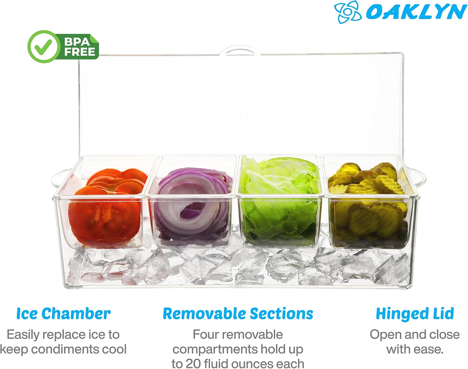 Oaklyn Large Clear Condiment Server Organizer on Ice with Containers and Lid – BPA-Free Serving Bar Compartments and Plastic Box Tray – Chilled Caddy Dispenser Set - Holds 80 oz Total