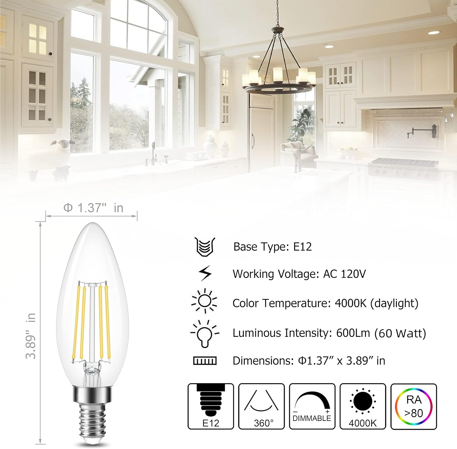Cotanic Dimmable E12 LED Candelabra Bulb 4000K Daylight, Ceiling Fan Light Bulbs Small Base,60W Equivalent,Type B Bulb for Chandelier,Vintage B11 LED Candle Shape with Clear Glass,600LM,24 Pack