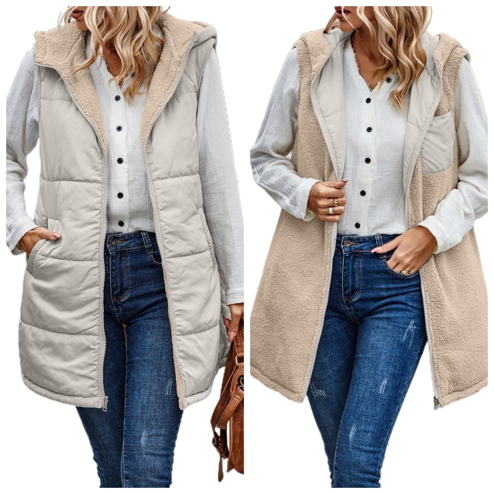 Chaleco largo de plumas acolchado para mujer chaqueta reversible de felpa invierno 5
