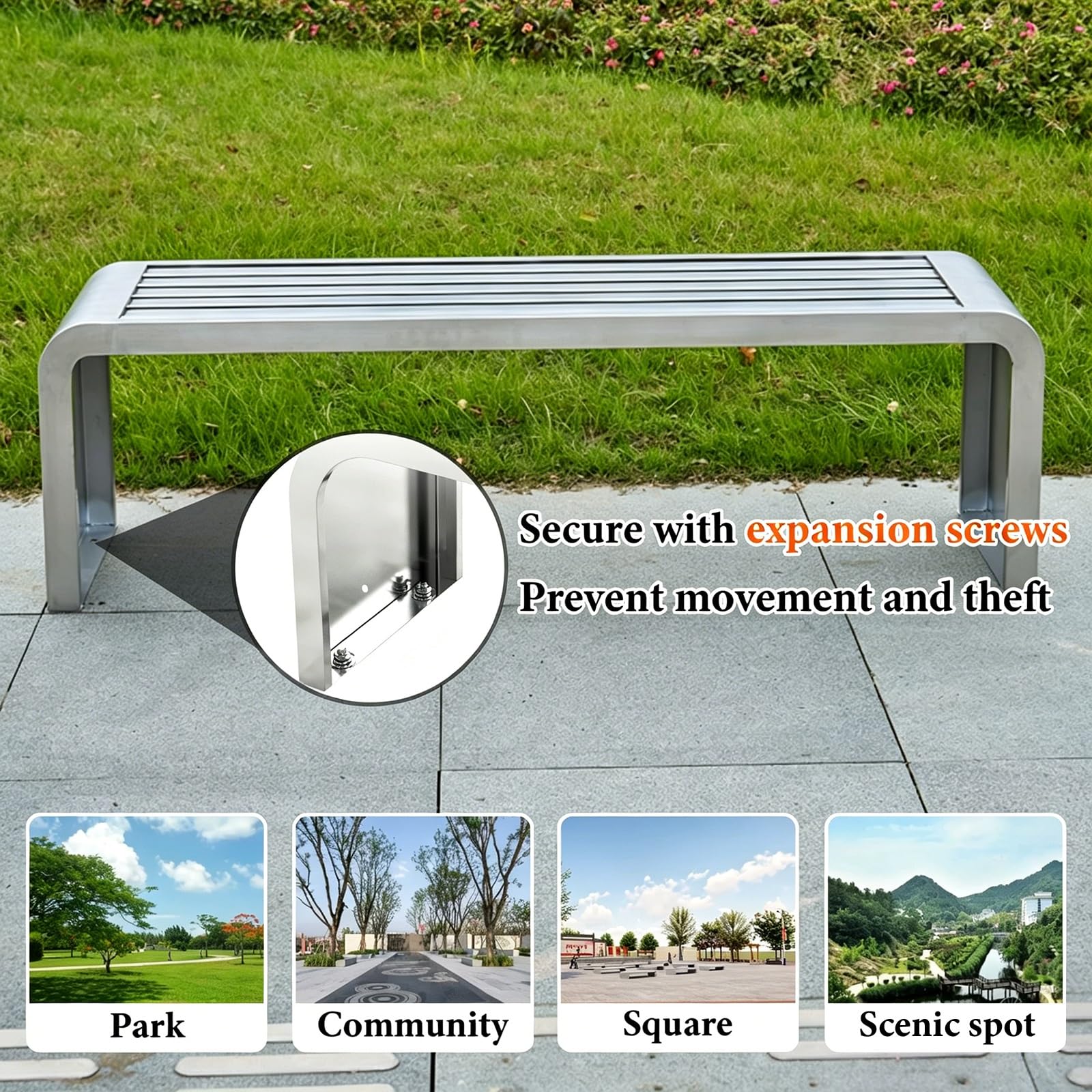 Banco Jardin Exterior 2 Plazas Banco Terraza Exterior Resistentes a la Intemperie Banco de Parque de Acero Inoxidable Sin Respaldo para Parques Zonas Residenciales(304 Stainless Steel,150x40x45cm)