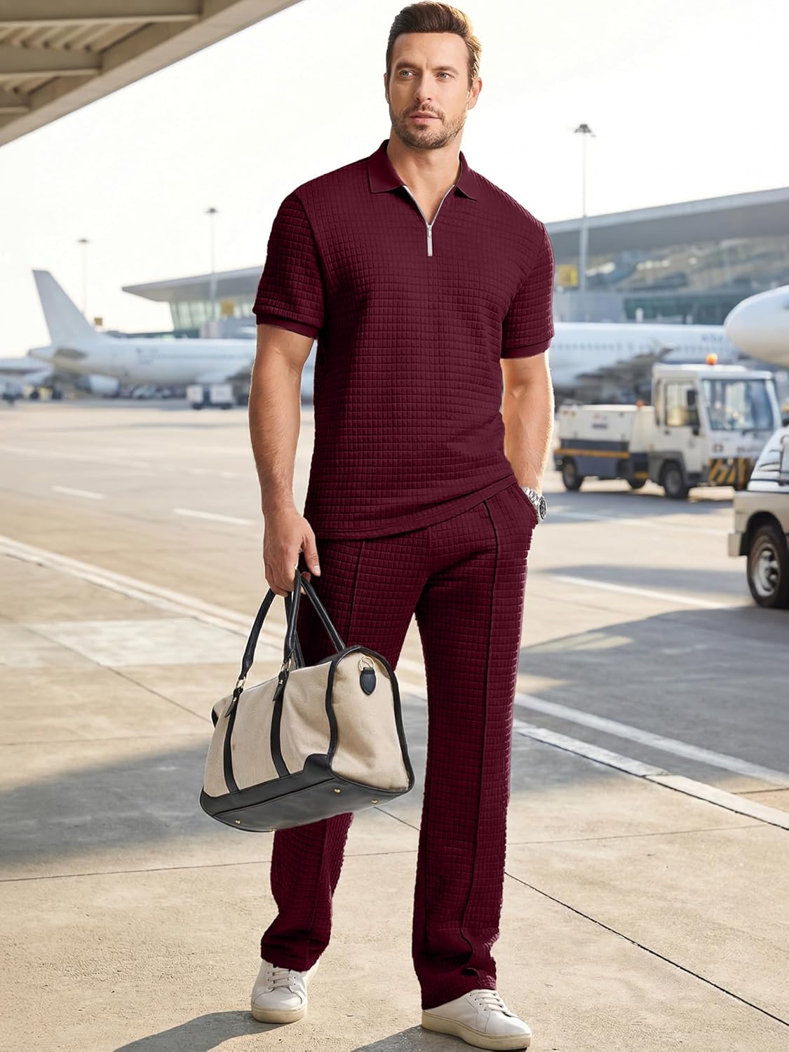 JMIERR Mens Summer 2 Piece Outfits Short Sets Beach Waffle 1/4 Zip Polo Shirts Casual Loose Pant Loungewear - Image 7