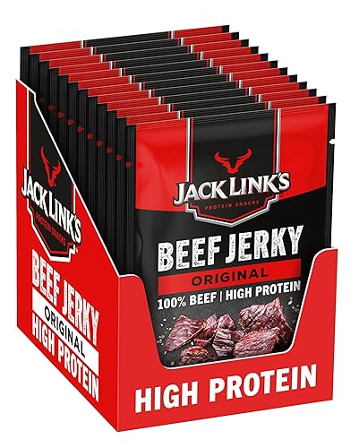 Jack Links - Beef Jerky - Original Flavour Dried Meat Snack - Box of 12 x 100g - High Protein Snacks for Gym, Fitness, Outdoor, Hiking - American Food - Halal - Original - 100 g (Pack of 12)