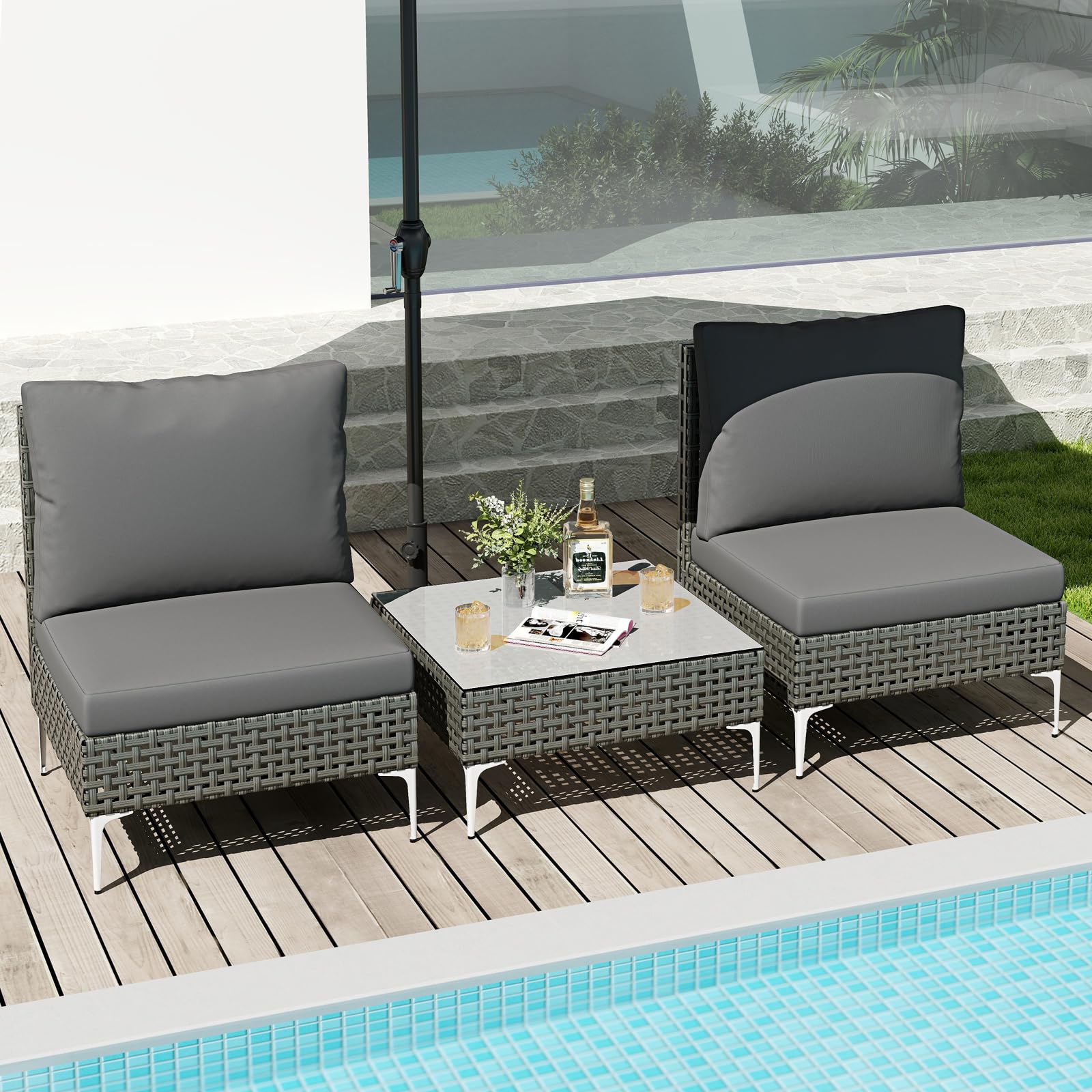 COSTWAY Tavolino e 2 Sedie da Giardino, Set da Conversazione in Rattan con Cuscini e Tavolino in Vetro Temperato, Set da Bistrò per Veranda, Balcone e Cortile (Stile 1)