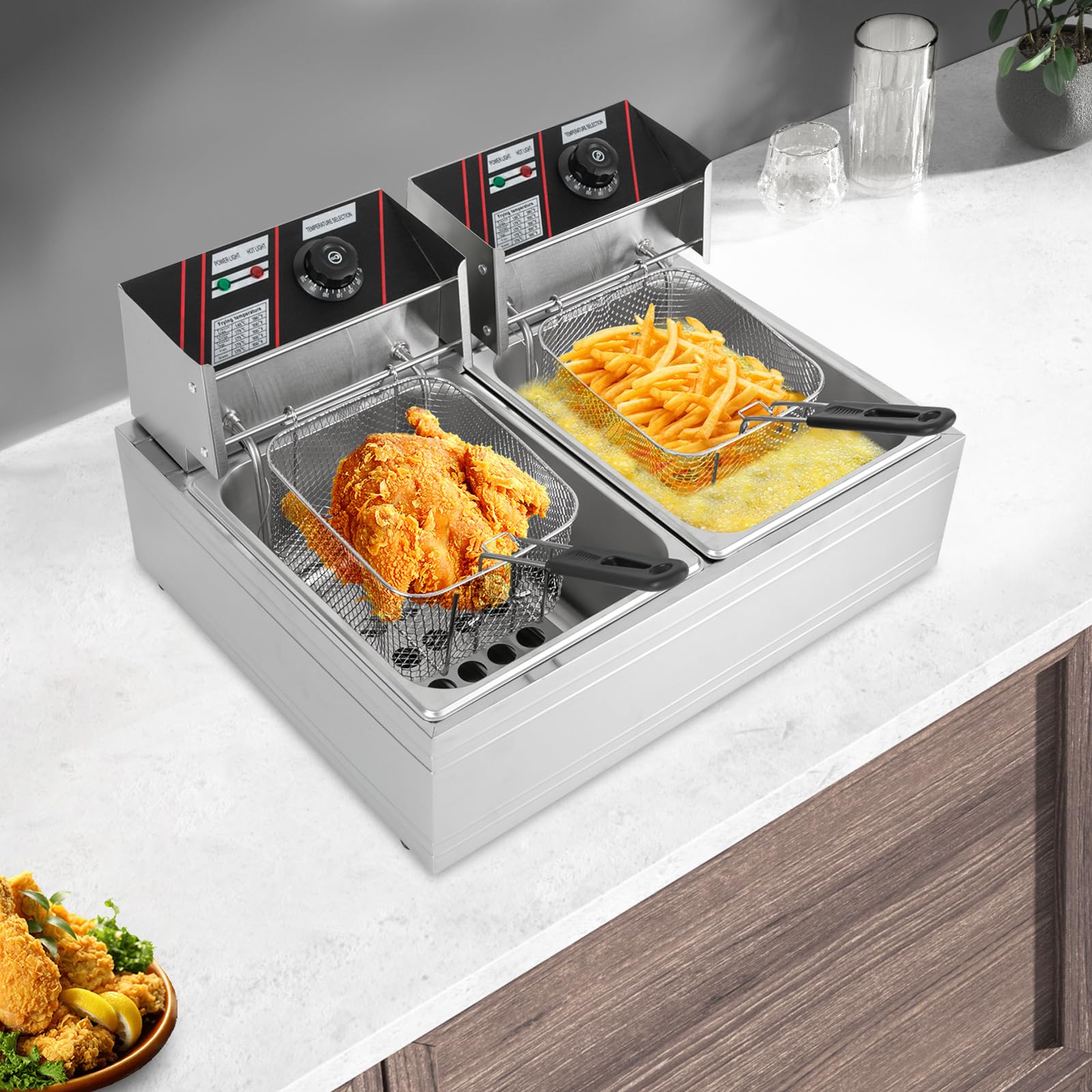 Freidora eléctrica profesional con doble tanque, 2 x 6 L, freidora eléctrica de acero inoxidable, freidora comercial con termostato y temporizador, aperitivos y hogar, sistema de ahorro de aceite para