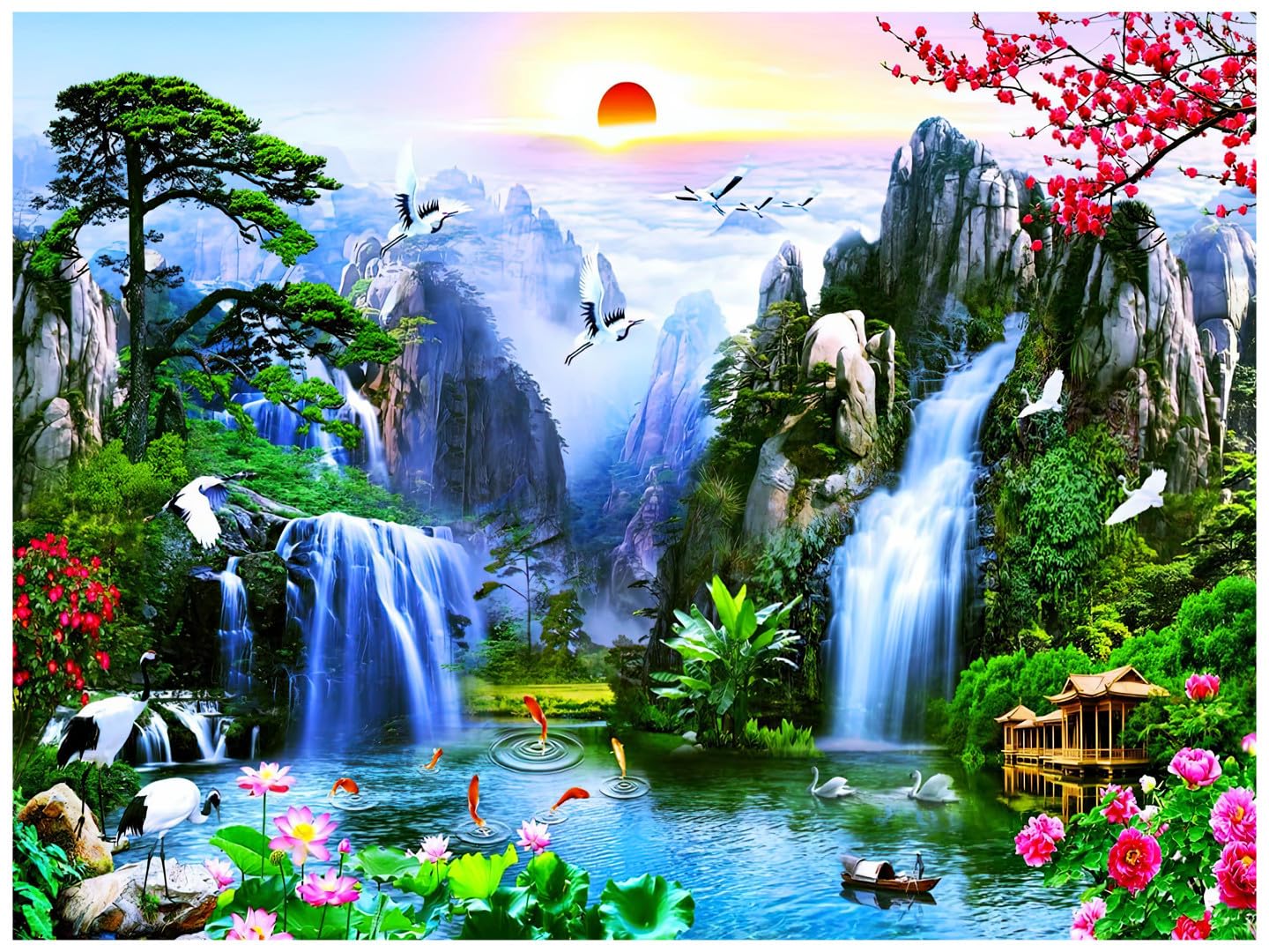 Premium 5x8 Feet Nature Waterfall Scenery Backdrop HD Flex Banner for Home Decoration,Photo Studio Background,Stage Decoration & Living Room Wall Décor Beautiful Mountains,River & Sunrise View-image-31