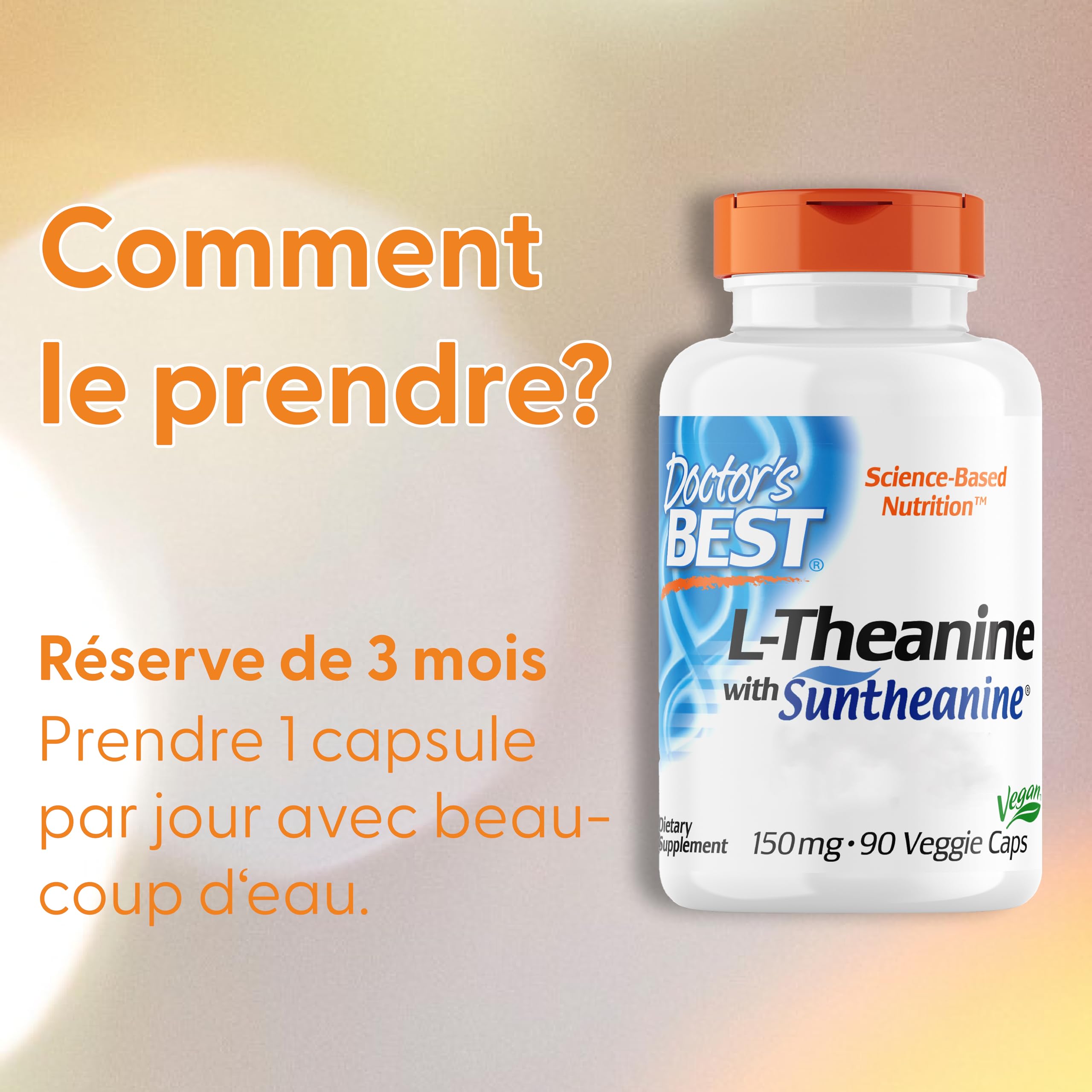 Doctor's Best, L-Théanine avec Suntheanine, 150 mg, 90 Capsules végétaliennes, Testé en Laboratoire, Sans Soja, Sans Gluten, Sans OGM, Acide Aminé