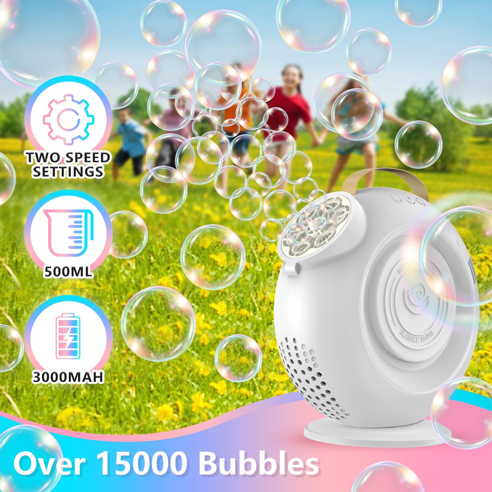 Machine à Bulles Rechargeable pour Enfants - Plus de 15 000 Bulles/Min, Rotation Auto 90°/360° avec lumière LED. Capacité 500 ML, 2 Vitesses. Idéale pour fêtes en extérieur, Mariages, Anniversaires
