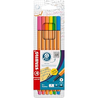 STABILO Aqueous Pen Point 88 Neon Color 6-Color Set 88-6-1 6-Color Set Neon Yellow, Neon Blue, Neon Green, Neon Red, Neon Ora