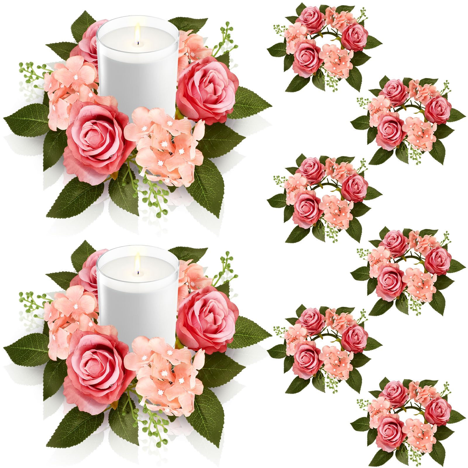 Jutom 8 Pcs Wedding Rose Candle Rings Artificial Floral Wreaths with Green Leaves Flower Candle Rings Candleholders Garland for Pillar Centerpiece Party Table Decor, 3.94'' Inner Diameter (Pink)