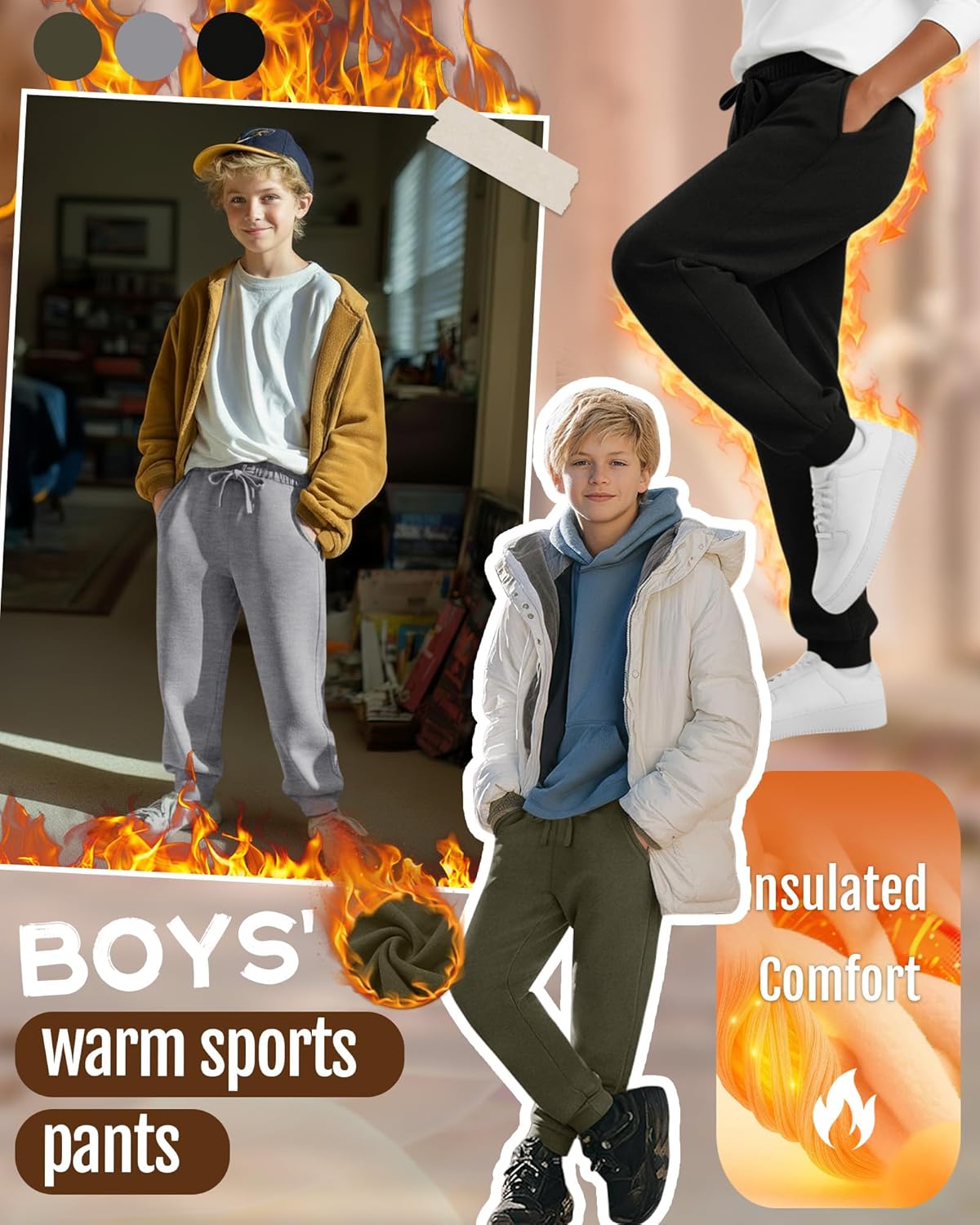 3 Pack Boys' Fleece Sweatpants Drawstring Straight Leg Cuffed Jogger Pants Athletic Lounge Pants with Pockets