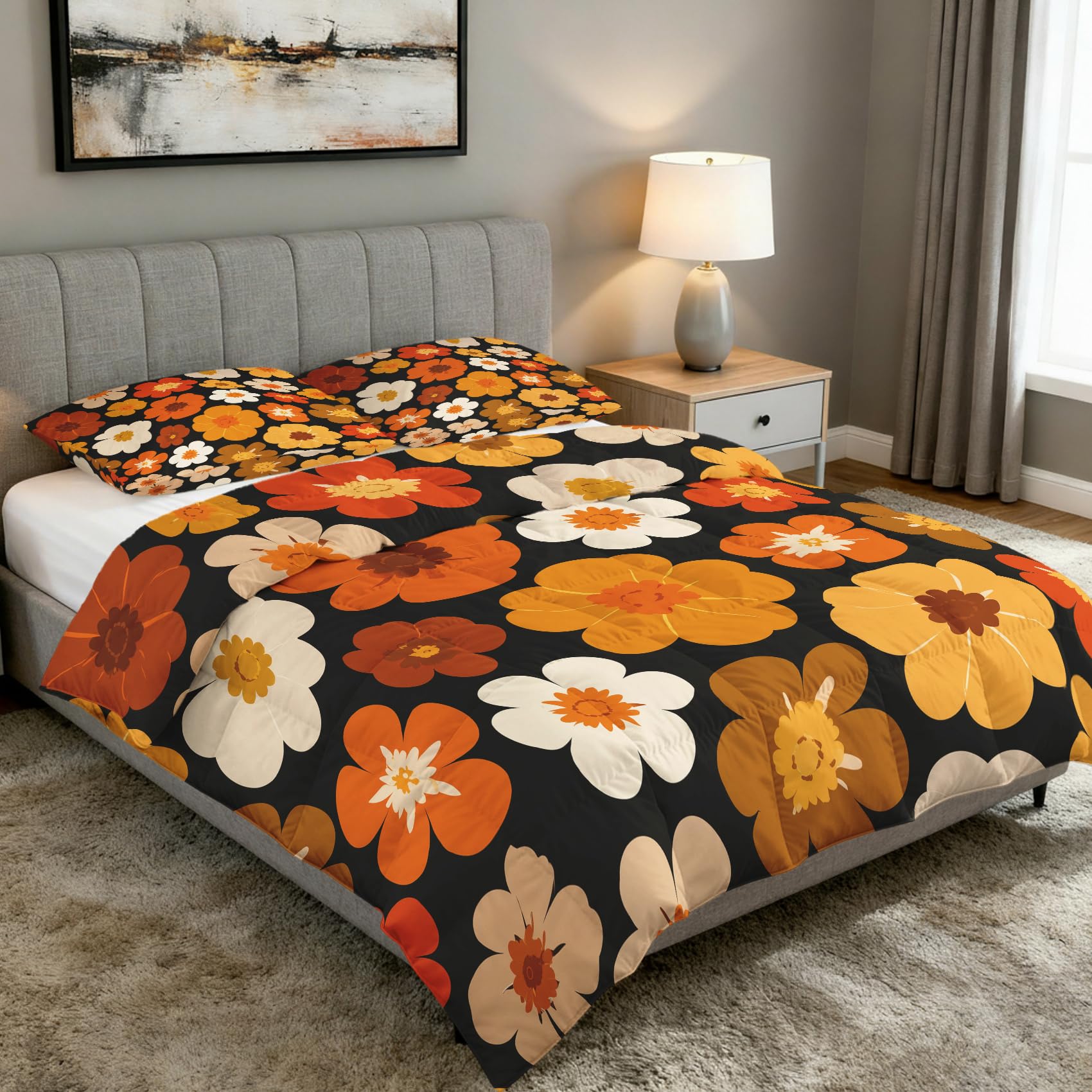 Blumen Bettdecke 135x200 4 Jahreszeiten, Vintage Retro Orange Bettdecke Ohne Bezug Warm Steppdecke Ganzjahresdecke Winterdecke Mit Kissenbezug, Schlafzimmer Deko Blumen