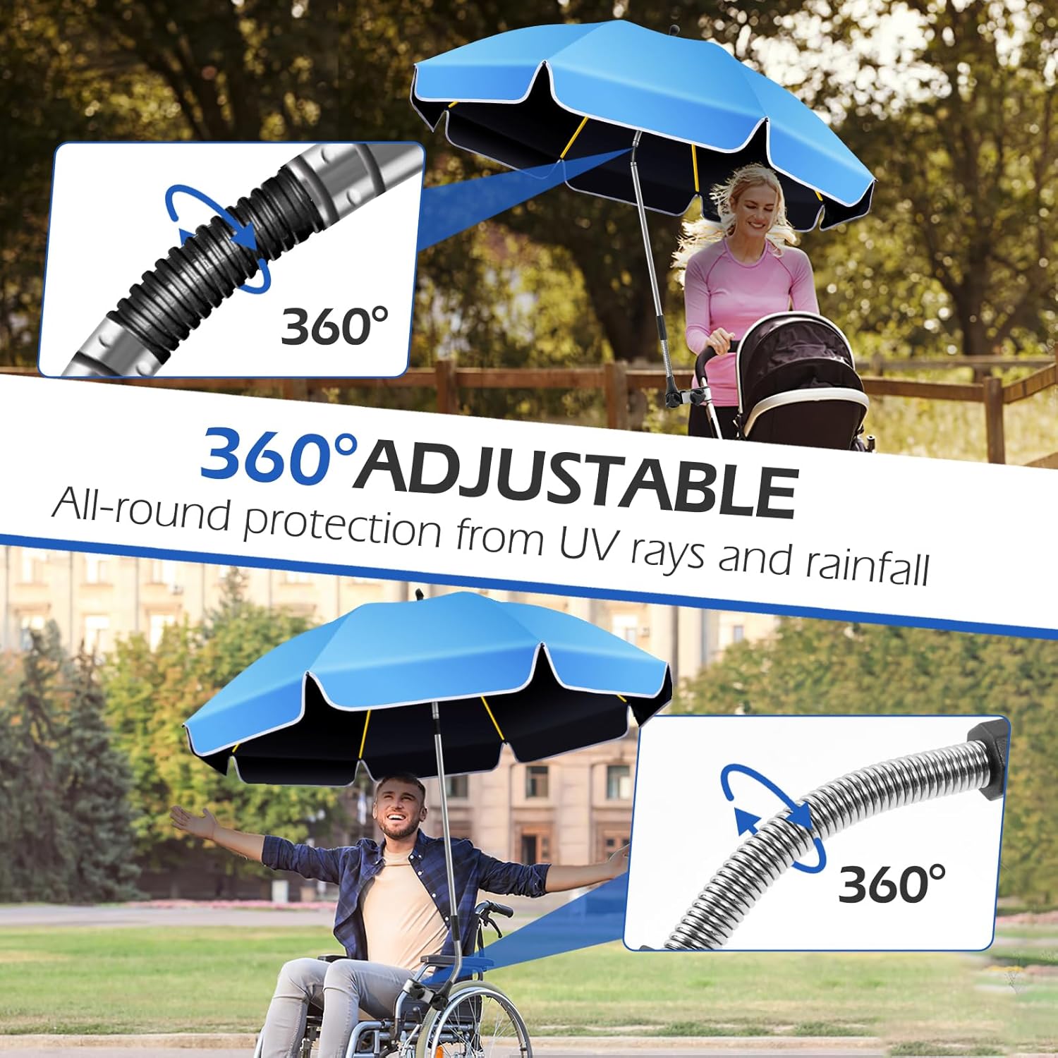 Umbrella 360°Adjustable Protection Stroller, 2 PACK 48.8" beach chair umbrella with clamp, high UV protection. 3 Adjustable areas 180°+360° for fishing, golf, beach, camping (chair not included) - Image 6