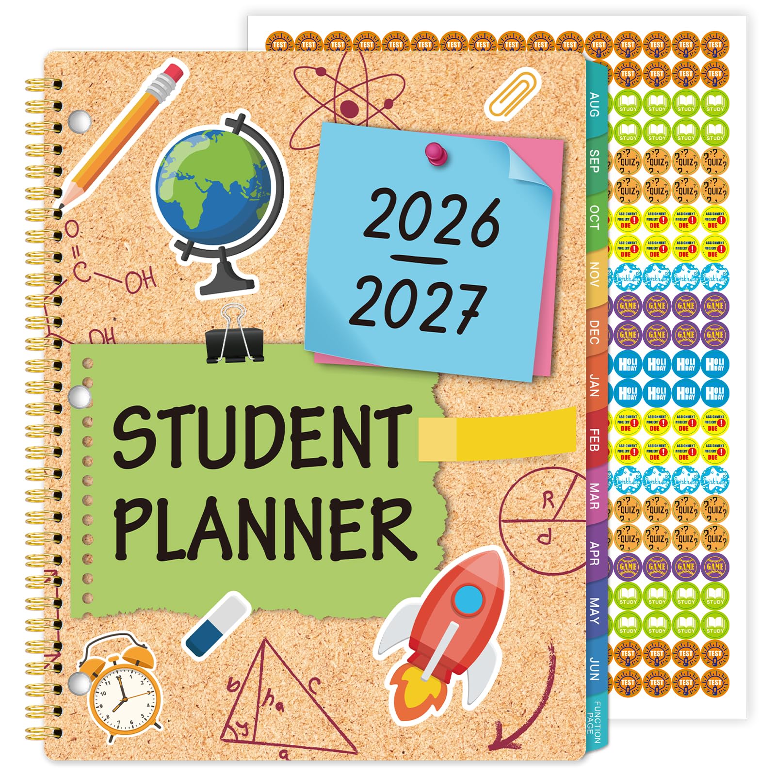 Schülerplaner 2026–2027 – akademischer Schülerplaner 2026–2027, August 2025 – Jun. 2026, 21,6 x 27,9 cm, Schulplaner mit Aufklebern, Wochenzielen, Tabs und 3-fach gelocht