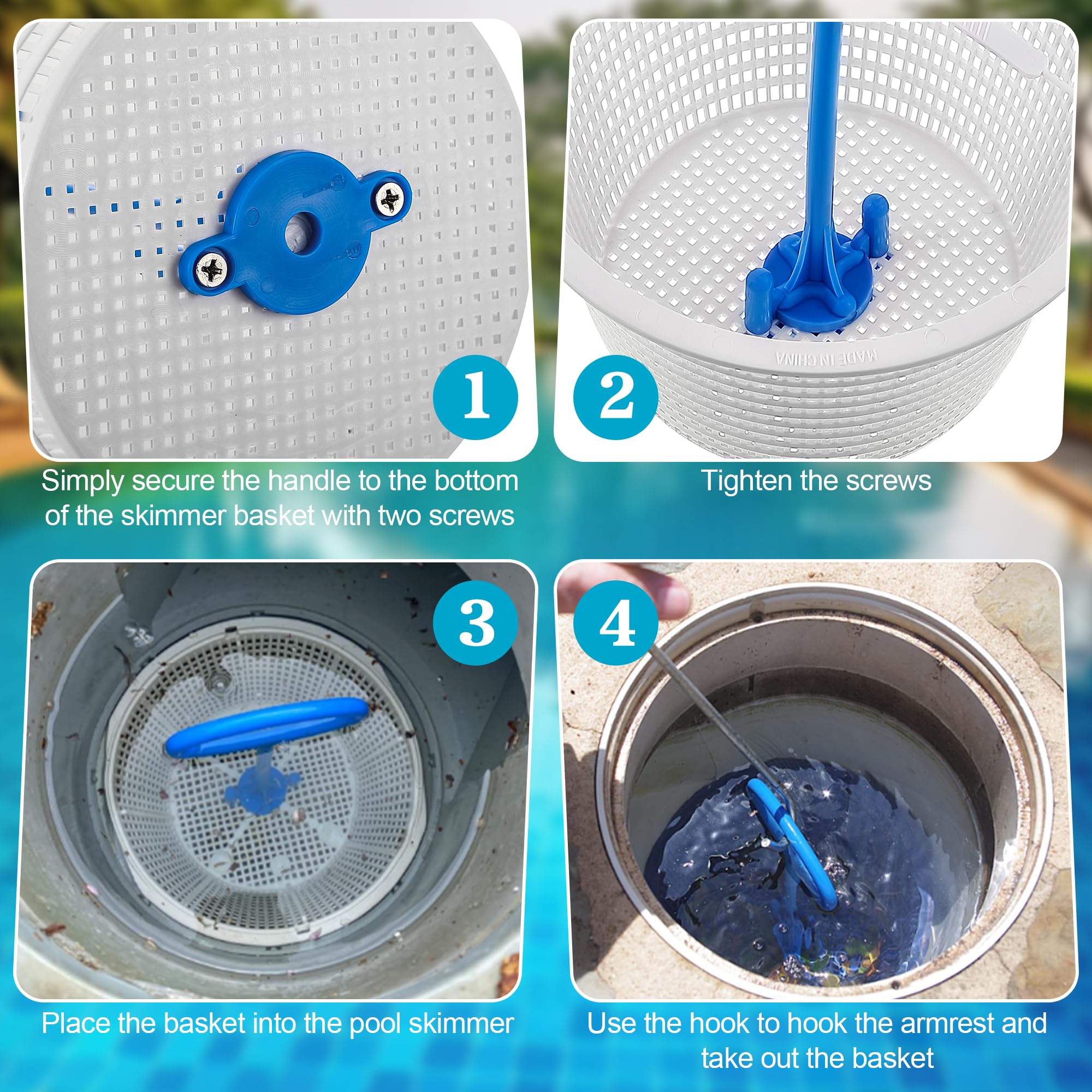 Saillong 2 cestas de repuesto blancas de 8 pulgadas y 2 asas de cesta de skimmer y 1 gancho de acero inoxidable plateado, cesta universal para piscina con asa para eliminar desechos de piscina,