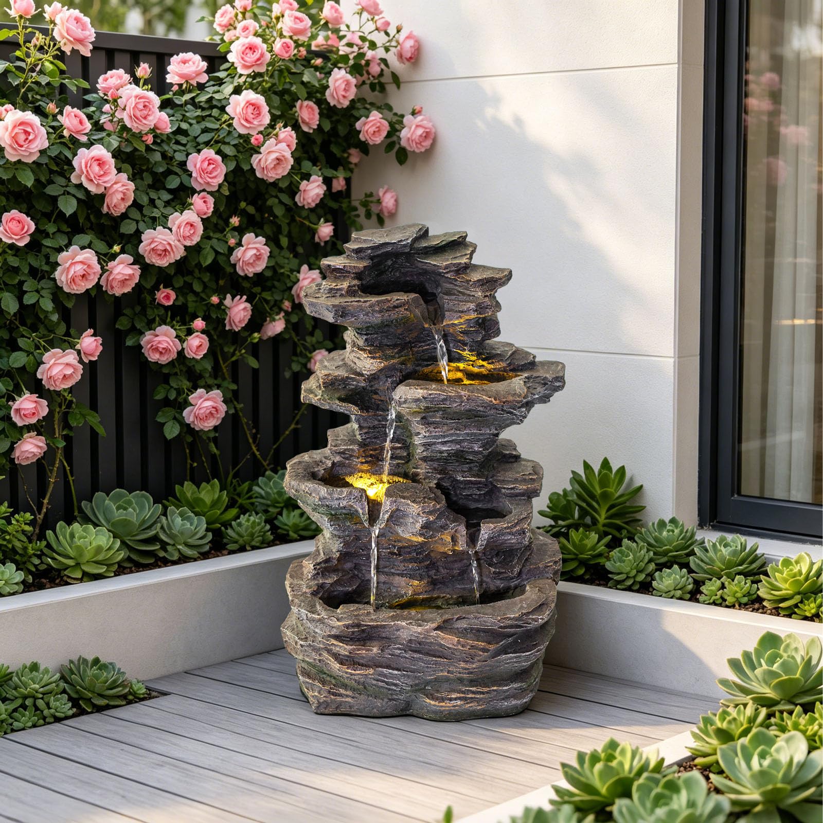 18.7" Outdoor Water Fountain, 4-Tier Rock Stack Resin Fountain with LED Light
