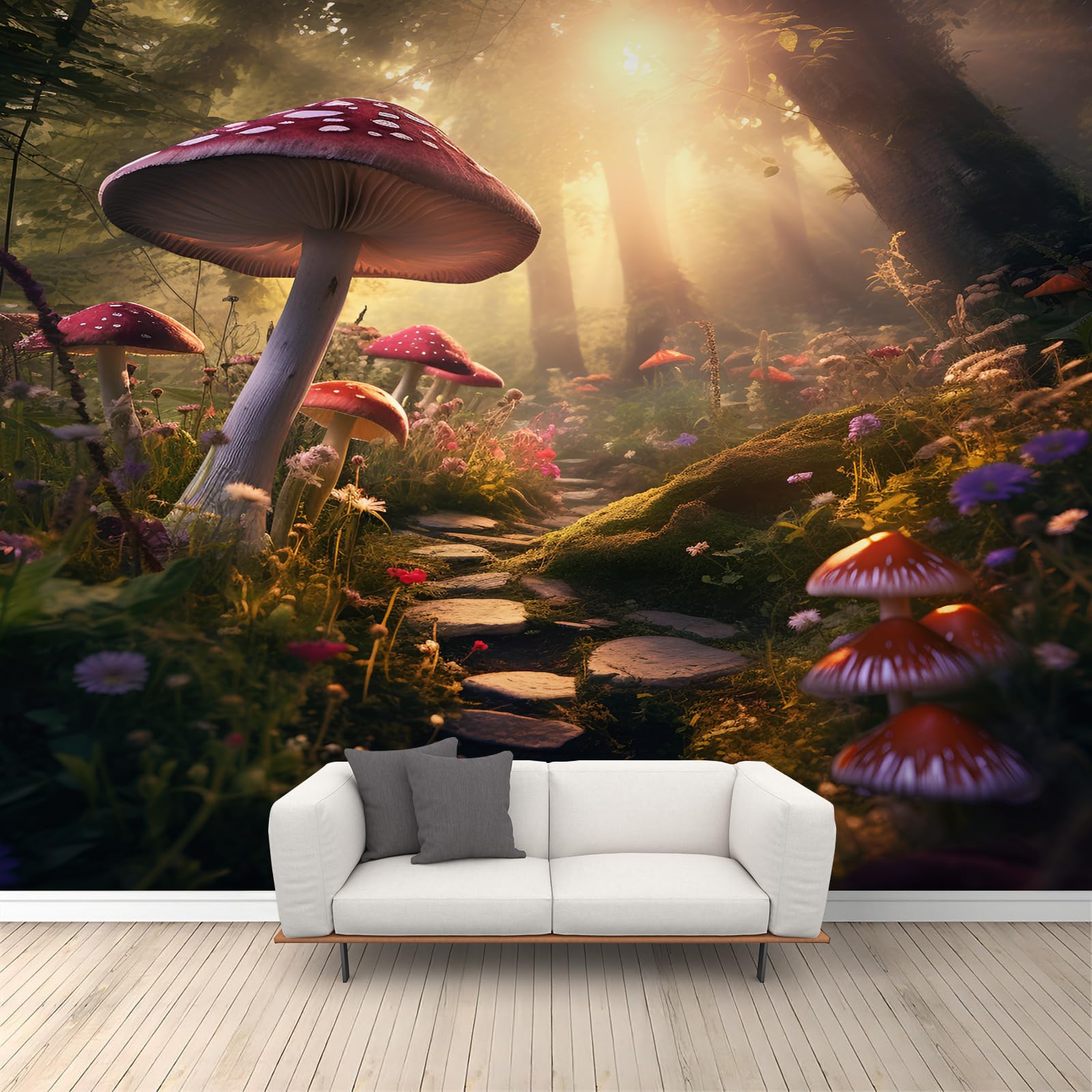 Qdjkbl Women's 3D Fairytale Forest Sunshine Forest Wall Murals Mural Wallpaper Magical Mushroom Mural Floral Jungle Landscape Wallpaper For Living Room 200 X 140 Cm