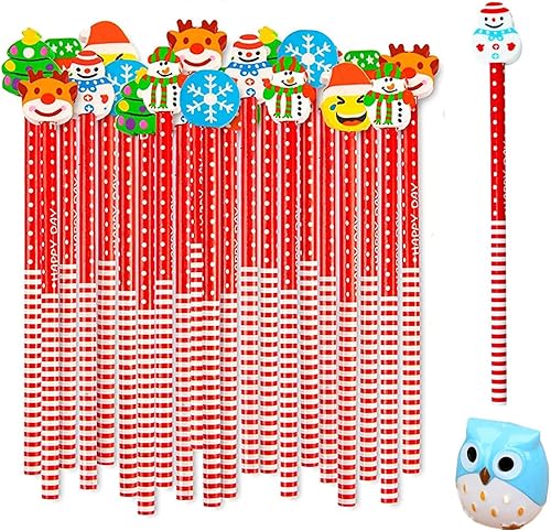 alfyng Paquete de 36 lápices de borradores y un sacapuntas, diseños navideños surtidos de Navidad, lápiz y borrador para Navidad, suministros de