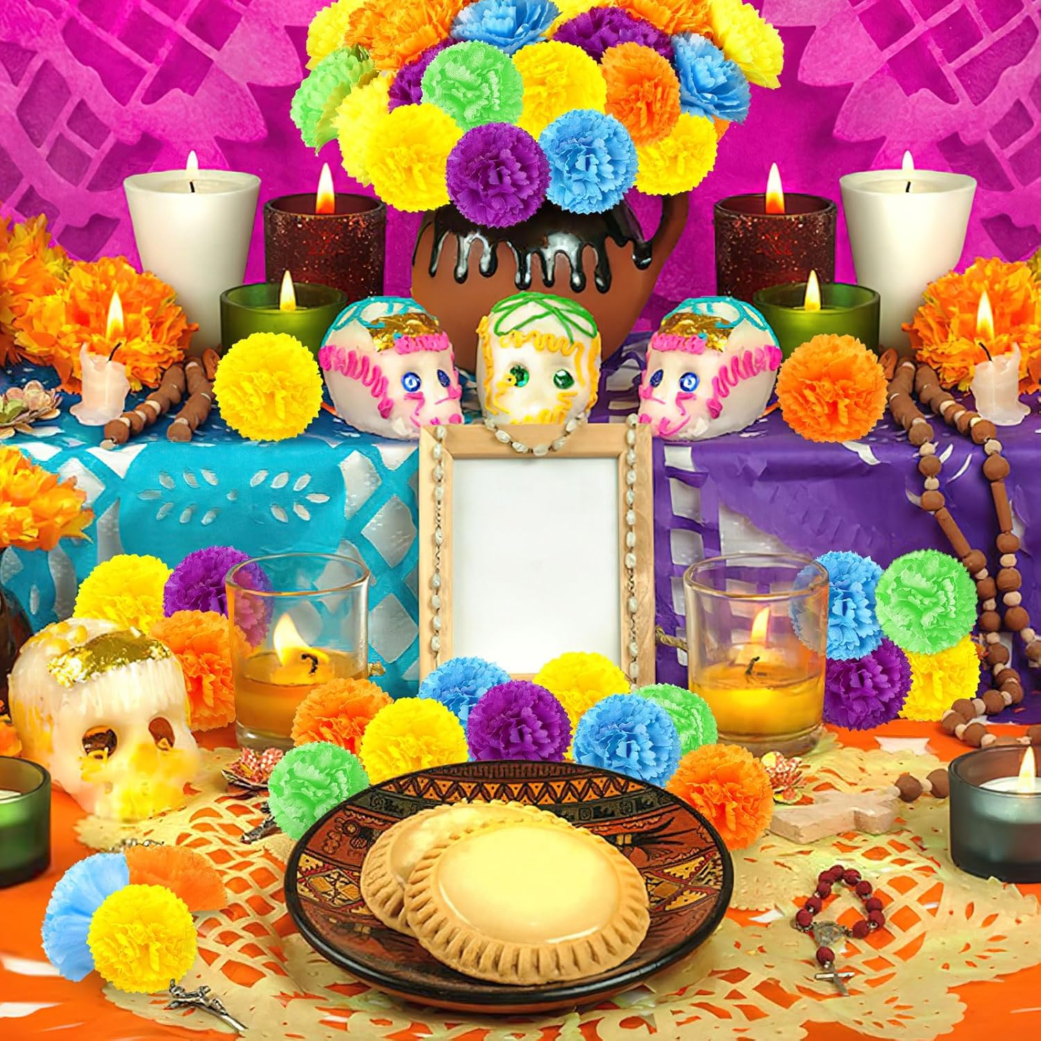 JUNEBRUSHS 30 Pcs Marigold Flower Heads Bulk, Mexican Artificial Marigold Flowers for Day of The Dead Decorations DIY Wreath Garland Craft Diwali Dia De Los Muertos Halloween Home Decor (Multicolor) - Image 5