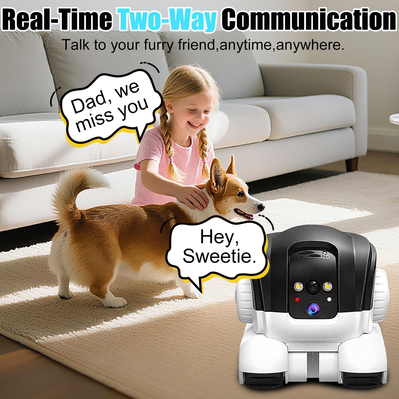 Haustierkamera Roboter, 1080P Dual Kameras Intelligente Roboterkamera, Blinkybot Camera mit IR-Nachtsicht, 2 Wege Audio, Bewegungserkennung, Videoaufzeichnung für Haustiere, Haus, Kids
