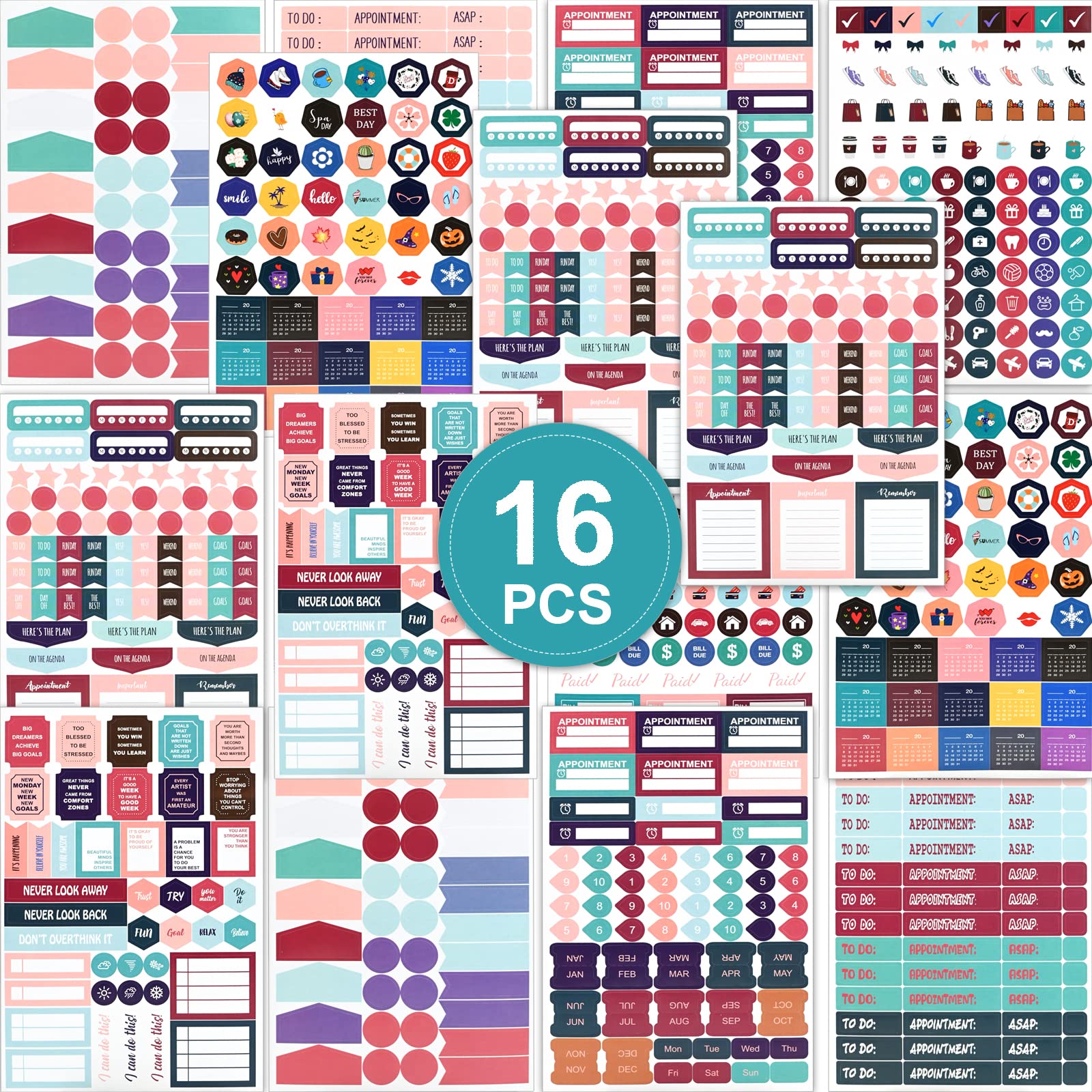 16 Sheets Planner Stickers Budget Planner Calendar or Journal Reminder Stickers Colourful Decorative Stickers for Decorating Diaries for Planner Organizer Journal Calendars Bookmark Stickers